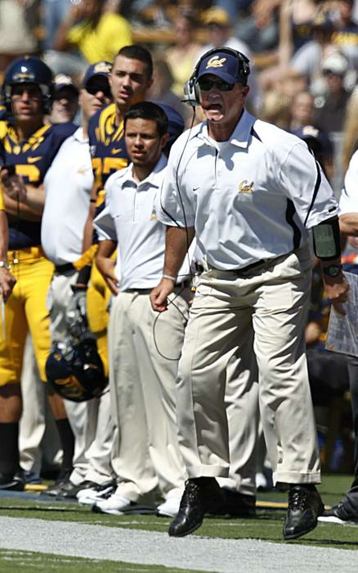 Cal head coach Jeff Tedford reacts to a non-call during a kick-off in the first half of the Bears' game against the Colorado Buffaloes in Berkeley on Saturday.