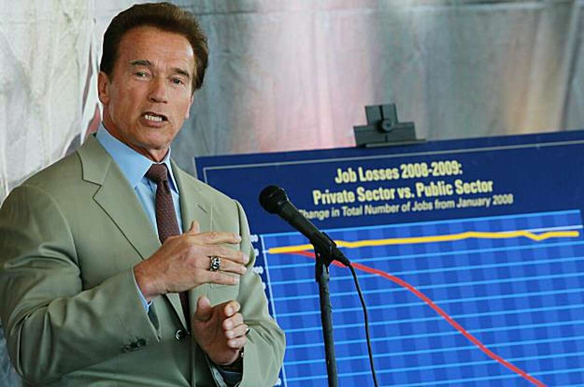 SANTA CLARA, CA - AUGUST 06: California Governor Arnold Schwarzenegger speaks in front of a chart showing the difference between public and private sector job losses during a two-year period August 6, 2010 in Santa Clara, California. State legislatures continue to battle over California's budget which is now almost six weeks overdue.