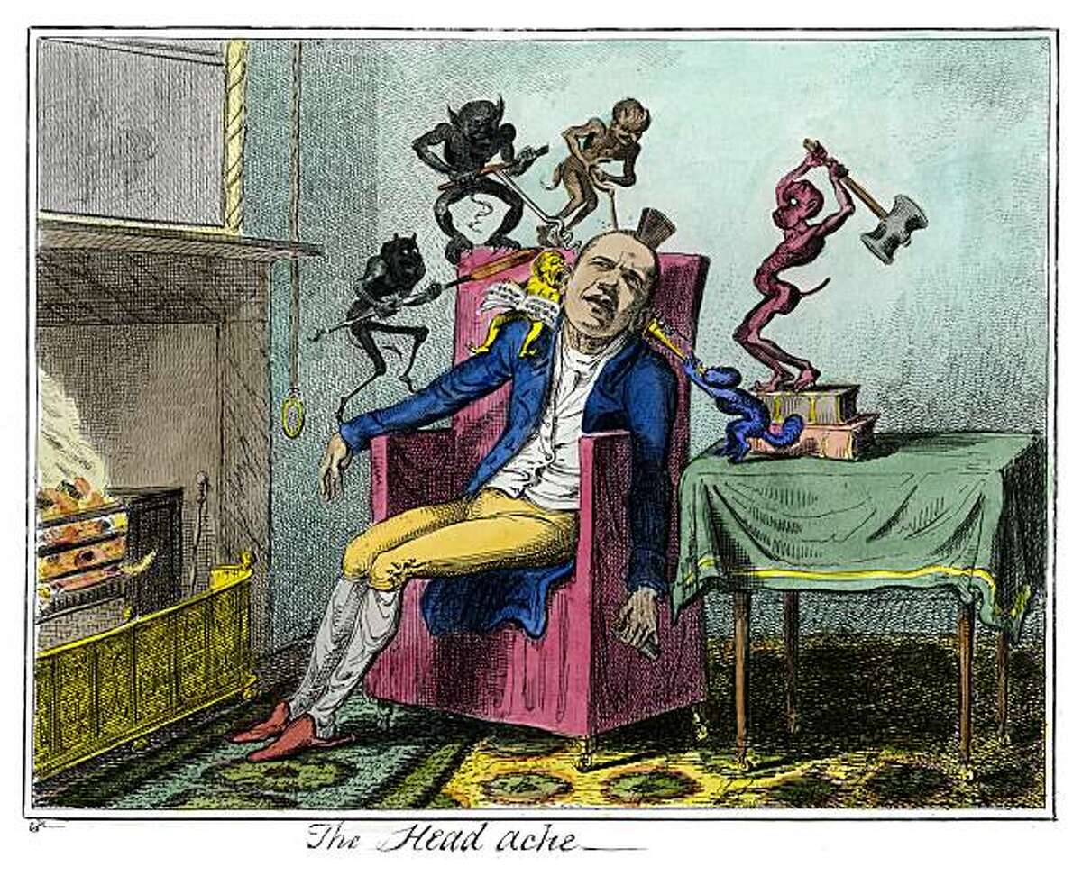 "The Headache (After George Cruikshank)" (2010) digital etching and chine colle by Enrique Chagoya