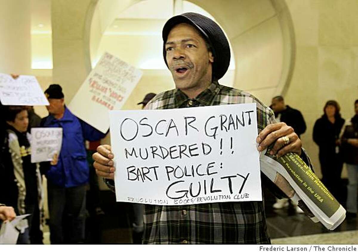 Mubarak Ahmad along with dozens of others voice their opinions about the BART shooting in a protest in the lobby of the BART headquarters on Janurary 05, 2009.