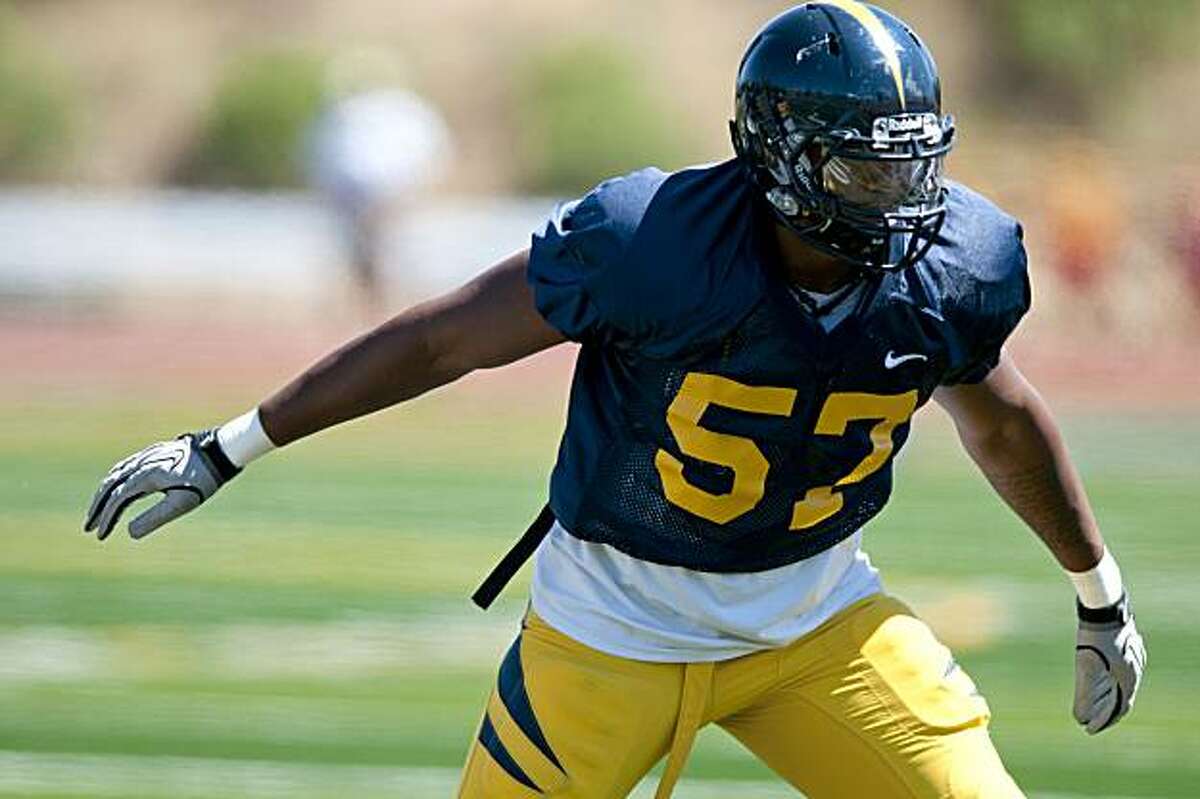Linebacker Keith Browner runs on the gridiron during the Cal Bears practice at Monte Vista High School in Danville, Calif., Sunday, August 15, 2010.
