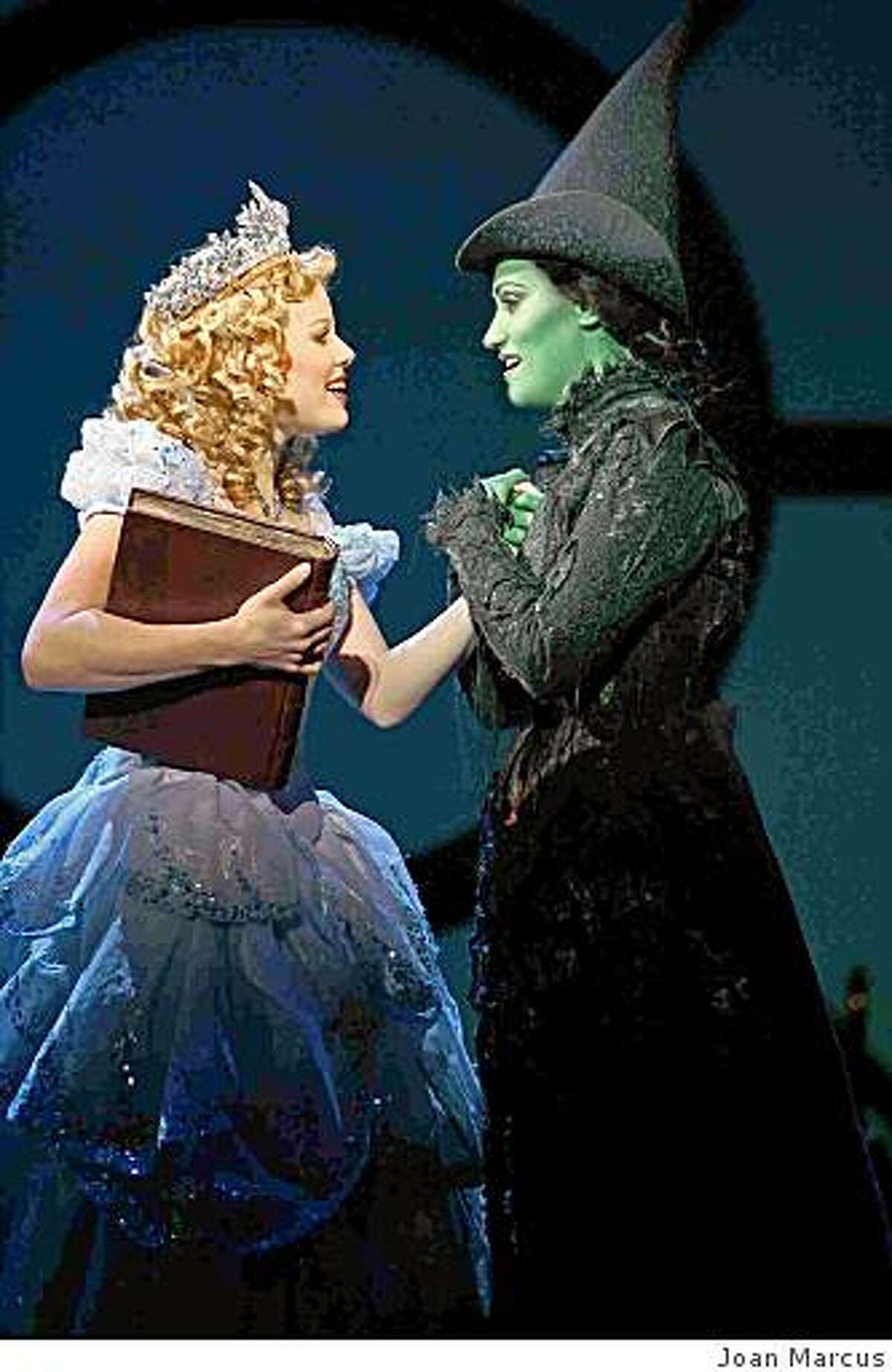 Megan Hilty as Glinda (left) and Eden Espinosa as Elphaba in the Los Angeles production of "Wicked."