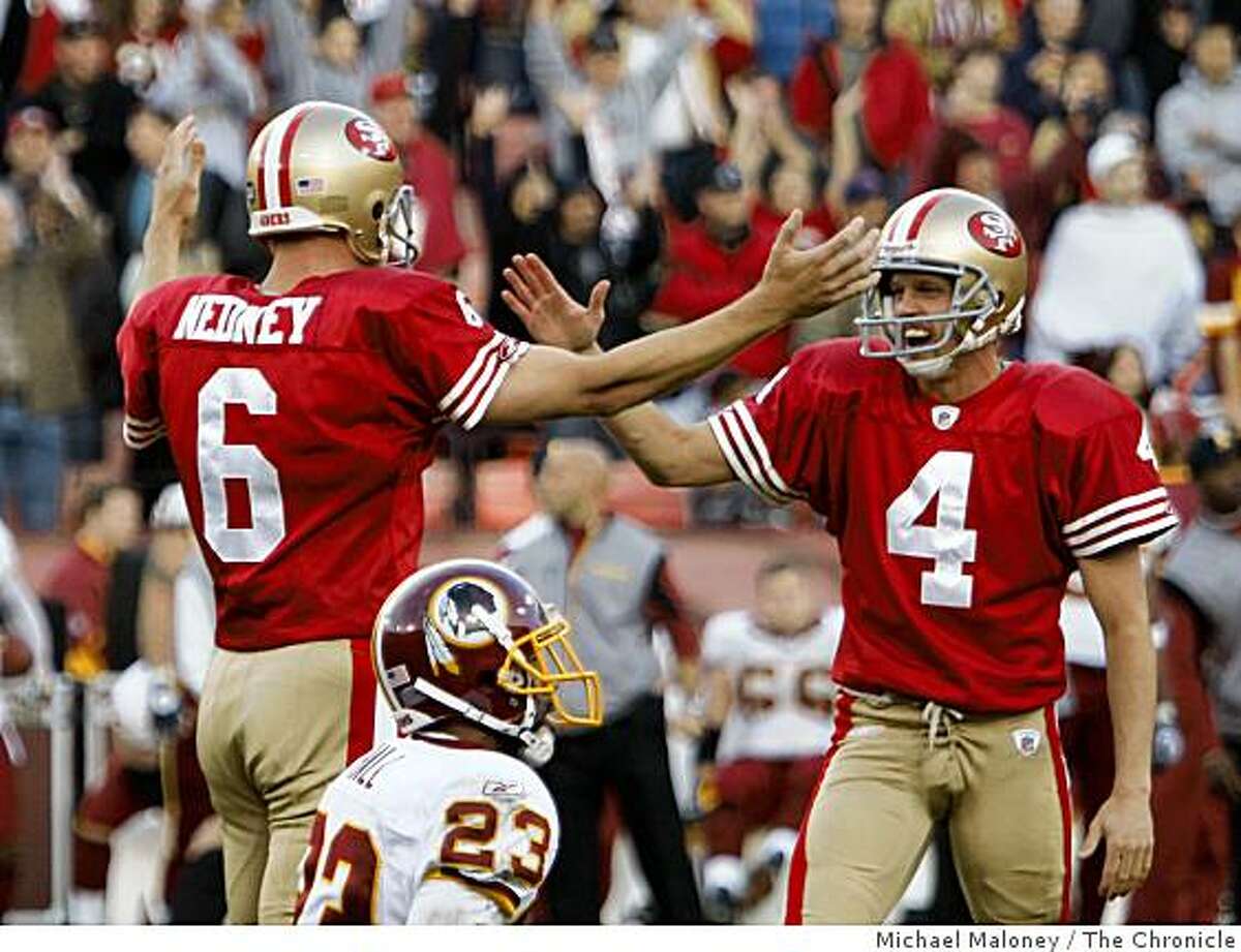 San Francisco 49ers kicker Joe Nedney (6) and holder Andy Lee (4) celebrate the game winning kick with seconds left of a game hosted by the 49ers at Candlestick Park on Sunday, December 28, 2008. The 49ers won 27-24.