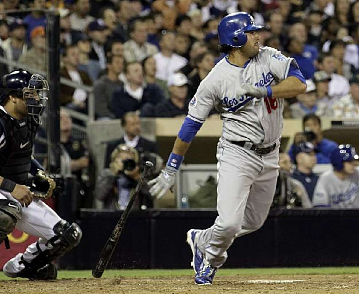 Los Angeles Dodgers' Andre Ethier watches his two-run single against the San Diego Padres in the seventh inning of a baseball game Tuesday, July 27, 2010, in San Diego.