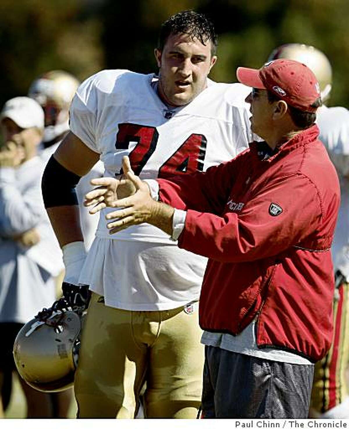 Tackle Joe Staley works with offensive line coach Chris Foerster during the San Francisco 49ers training camp in Santa Clara, Calif., on Thursday, July 31, 2008.Photo by Paul Chinn / The Chronicle