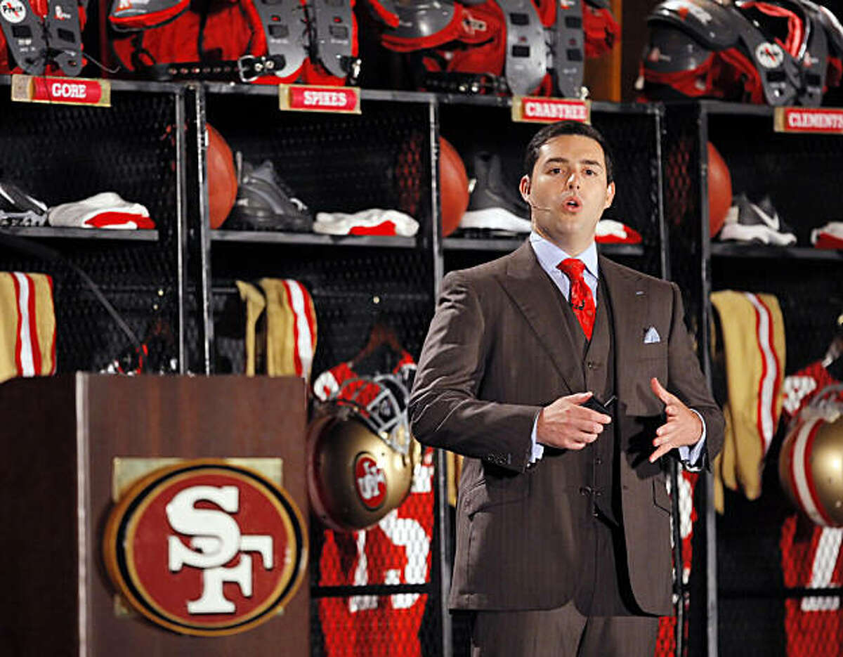 49ers President and CEO Jed York addresses the fans gathered at the Santa Clara Convention Center on Tuesday.