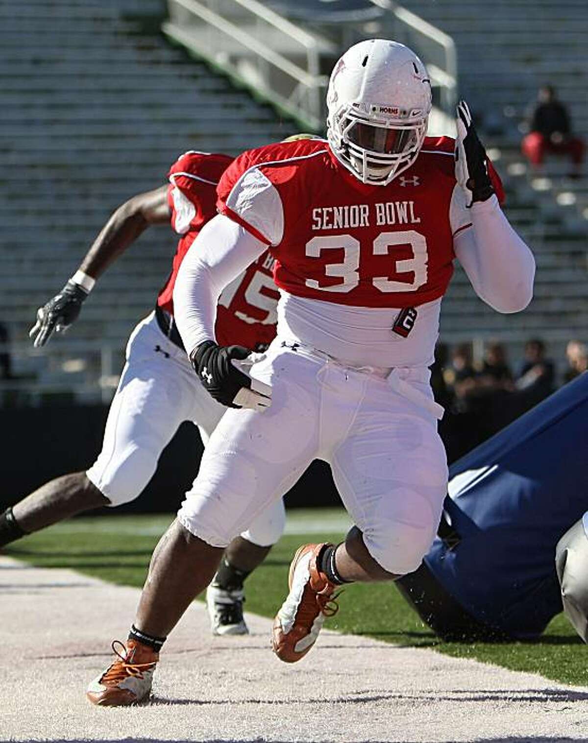 Lamarr Houston during practice for the 2010 Under Armour Senior Bowl at Ladd Peebles Stadium in Mobile, Alabama on January 27, 2010. (AP Photo/Ben Liebenberg)