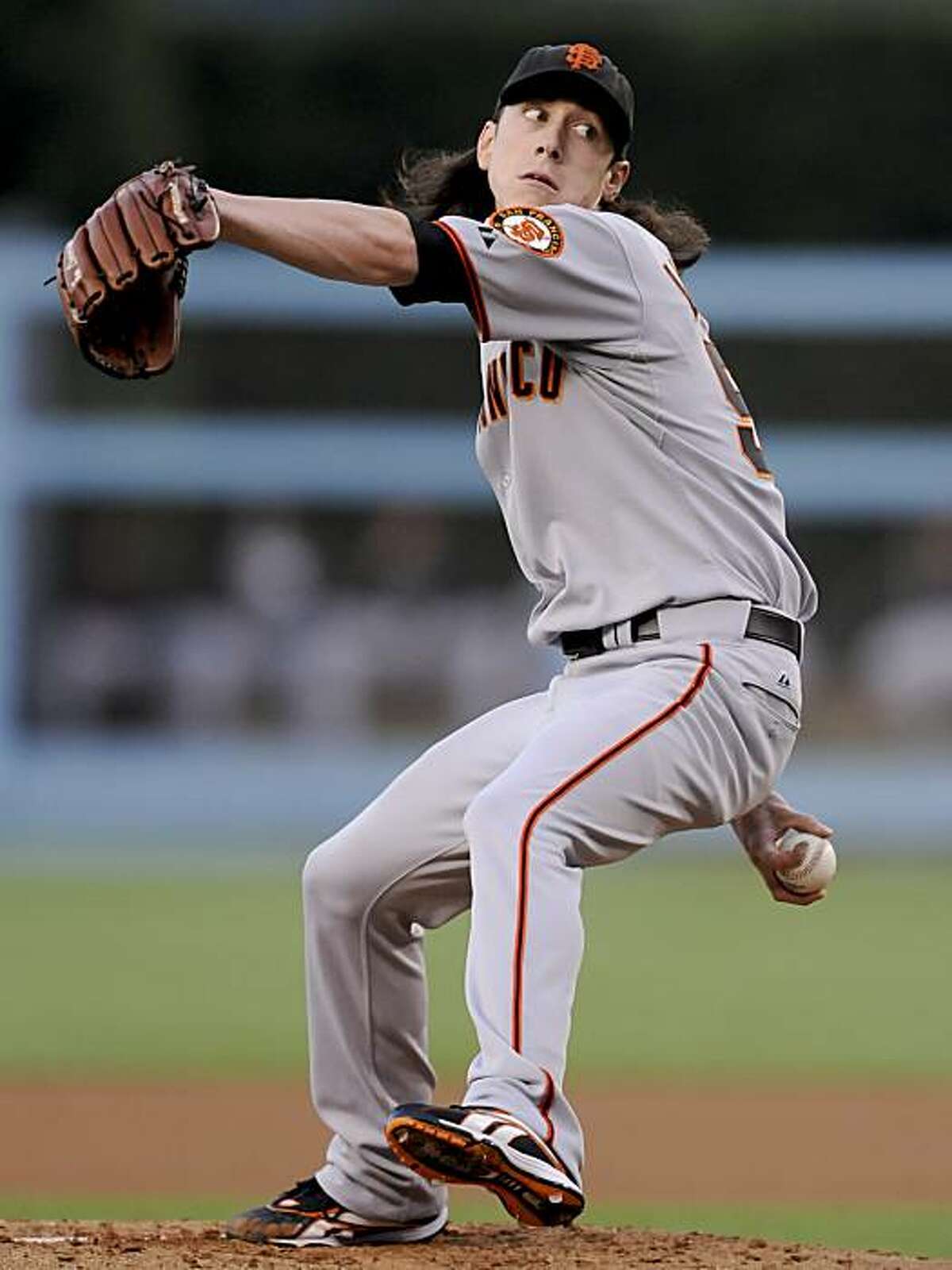 San Francisco Giants' Tim Lincecum pitches in the first inning of a baseball game against the Los Angeles Dodgers, Tuesday, July 20, 2010, in Los Angeles.