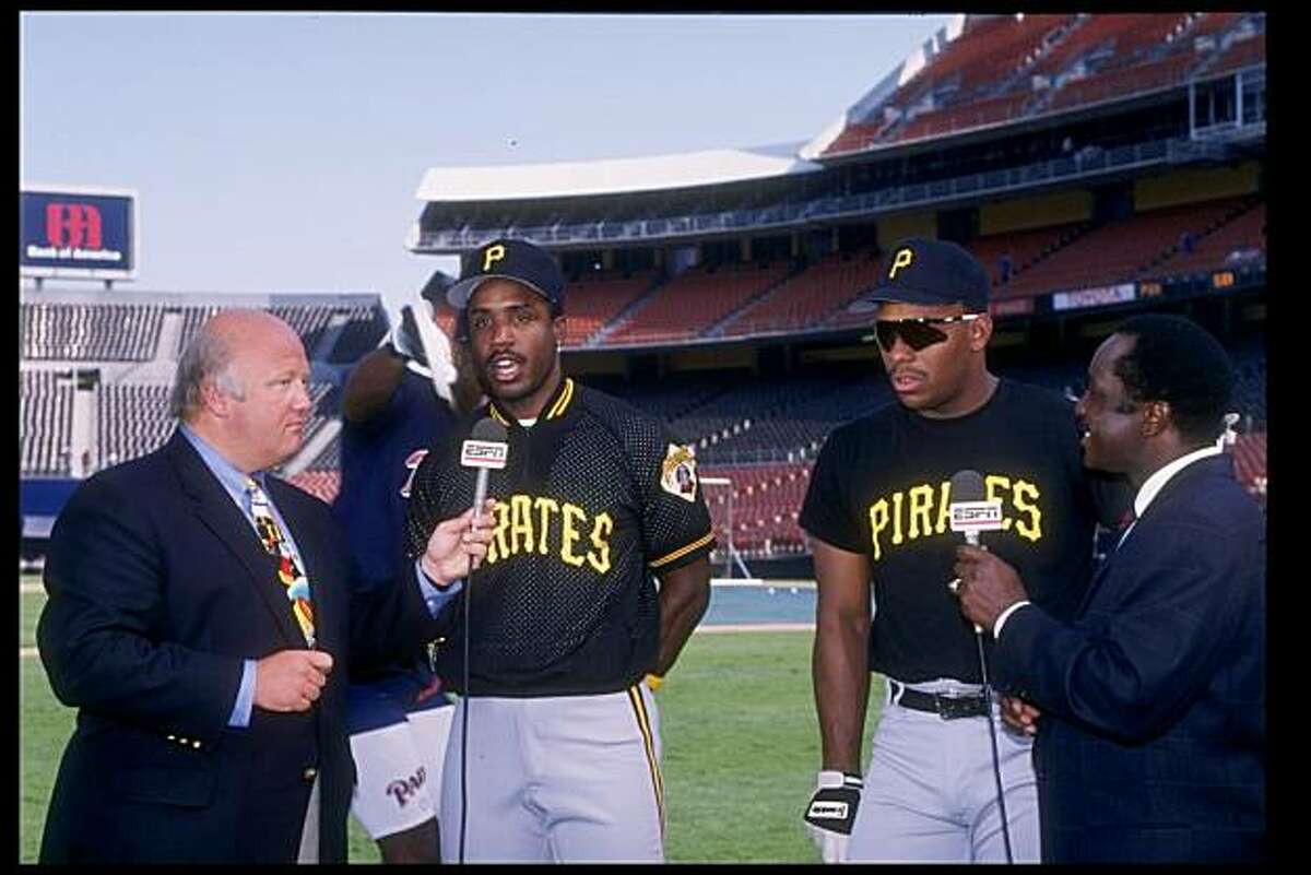 Sep 1 1991: Interviewers Jon Miller and Joe Morgan interview Left fielder Barry Bonds and third baseman Bobby Bonilla of the Pittsburgh Pirates before a game against the San Diego Padres at Jack Murphy Stadium in San Diego, California. Mandatory Credit: Ken Levine /Allsport