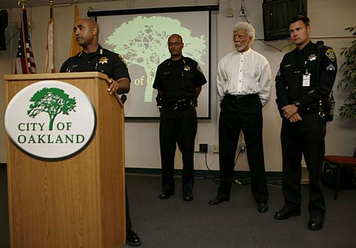Oakland Police Chief Anthony Batts holds a press conference, flanked by Assistant Chief Howard Jordan (left) Mayor Dellums and Public Information Officer Jeff Thomason, at the Emergency Operations Center to state that the majority of the demonstrations in Oakland have been peaceful following the Johannes Mehserle verdict on Thursday, July 8, 2010 in Oakland, Calif.
