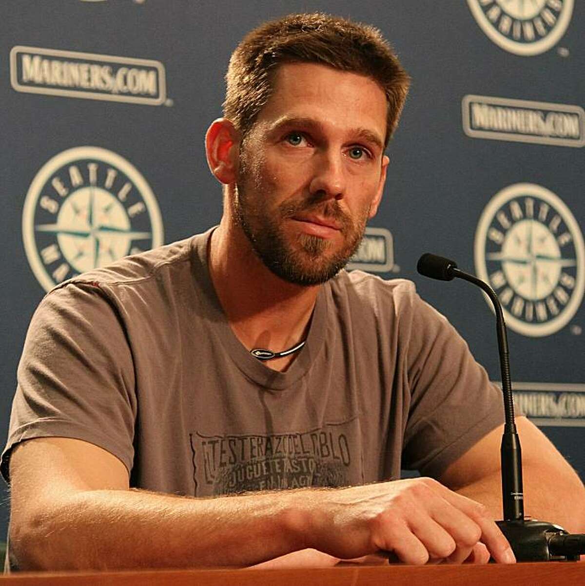 SEATTLE - JULY 09: Cliff Lee of the Seattle Mariners speaks at a press conference announcing his trade to the Texas Rangers for first baseman Justin Smoak, pitcher Blake Beavan, Double-A Frisco reliever Josh Lueke and second baseman Matt Lawson at SafecoField on July 9, 2010 in Seattle, Washington.