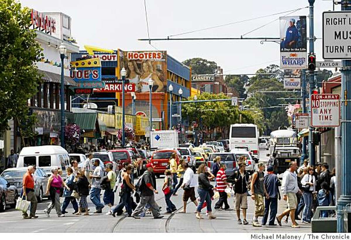 A view of crowded Jefferson Street in Fisherman's Wharf on August 19, 2008.The city is proposing to spend about $10 million to widen the main drag at Fisherman's Wharf and add bike lanes, wider sidewalks and better landscaping.