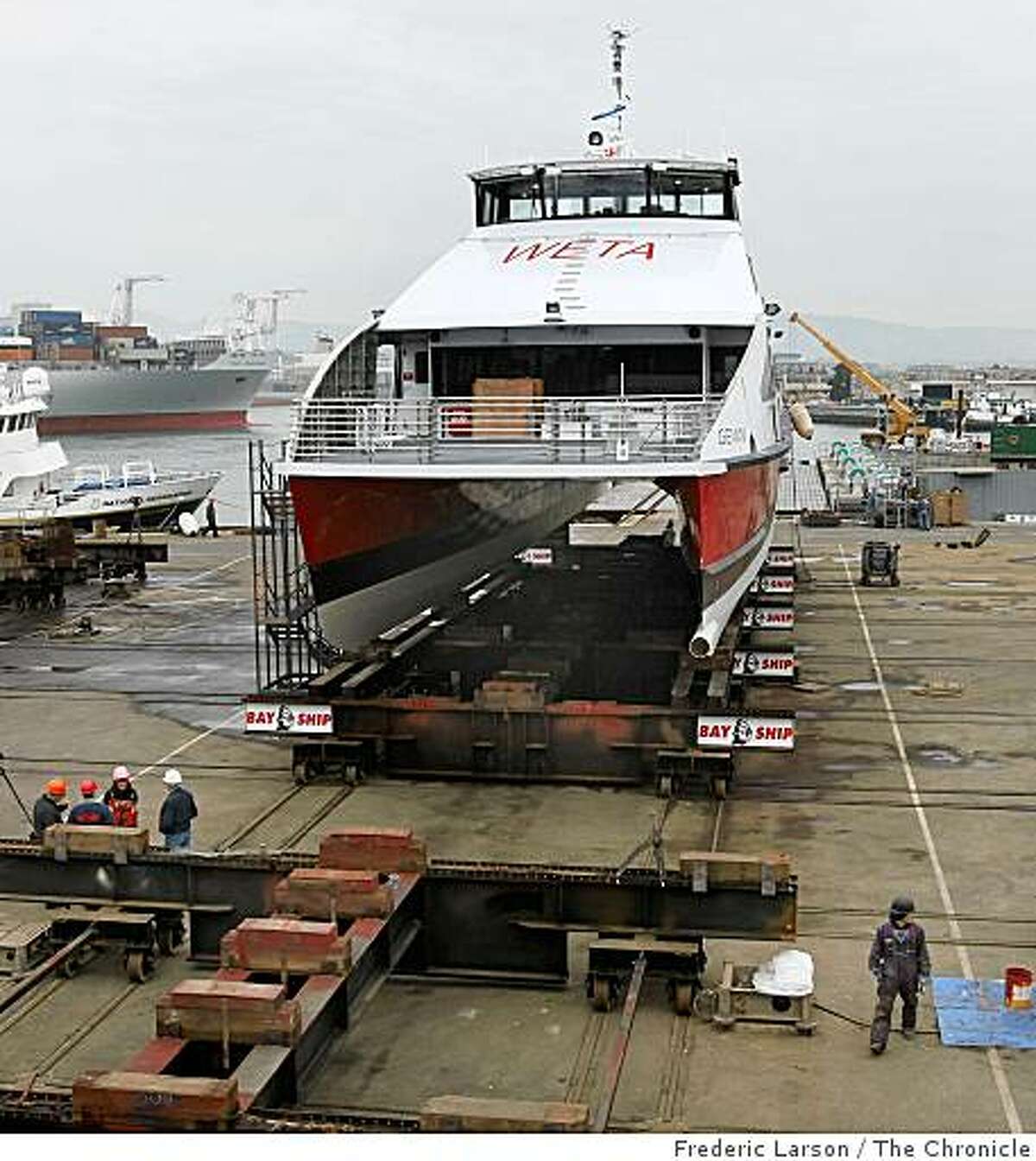 A brand new ferry named Gemeni built for the San Francisco Oakland-Alameda run arrived on November 25, 2008 at a Alameda dry dock.