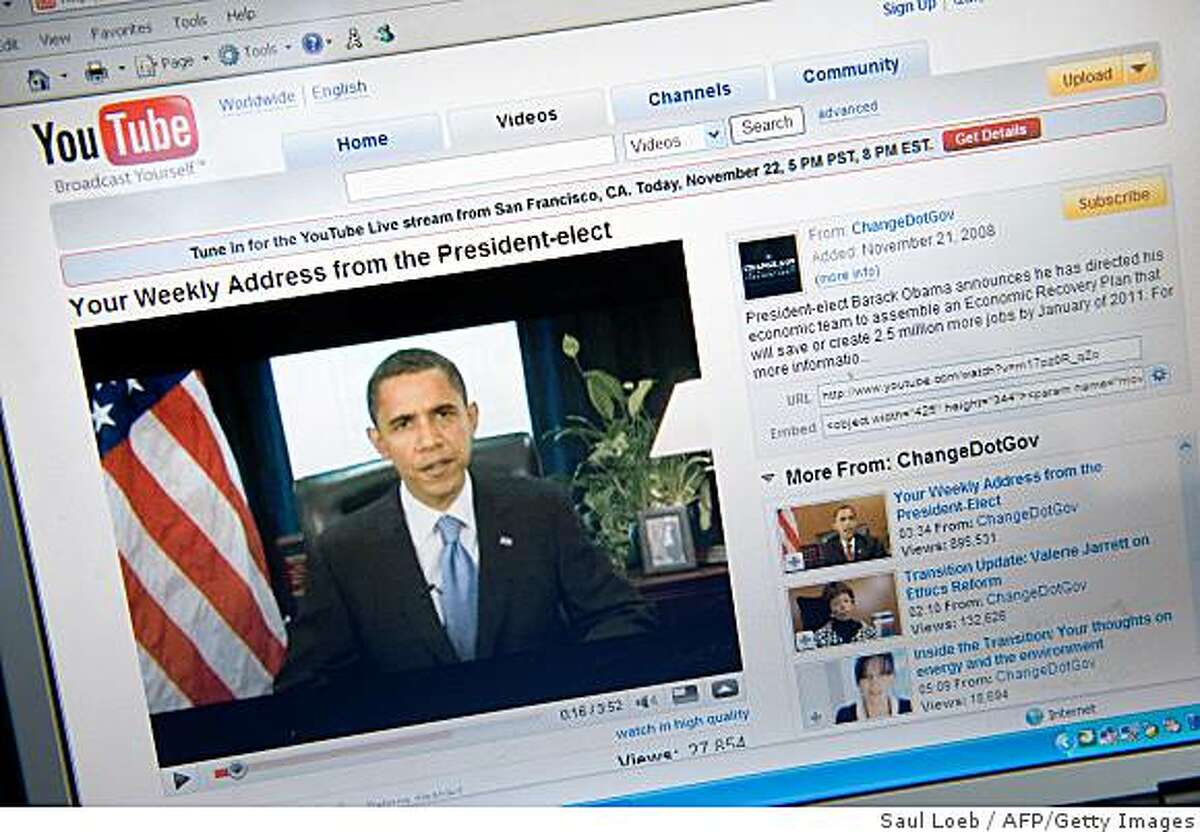 A YouTube video of US President-elect Barack Obama's weekly radio address is seen on a computer screen in Chicago on November 22, 2008. AFP PHOTO/Saul LOEB (Photo credit should read SAUL LOEB/AFP/Getty Images)