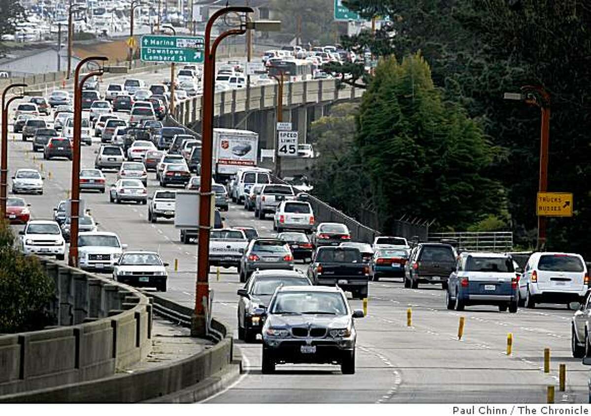 The morning commute clogs the southbound lanes of Doyle Drive, the elevated portion of Highway 101 stretching from the Golden Gate Bridge to Lombard Street, in San Francisco, Calif. on 3/15/06