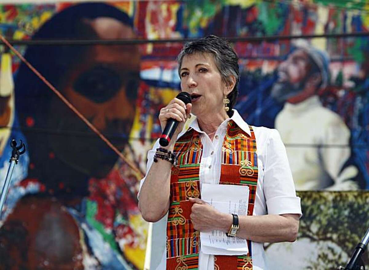 Carly Fiorina, Republican nominee for the U.S. Senate from California, speaks onstage during a visit to a Juneteenth celebration at Leimert Park in the Crenshaw District of Los Angeles Saturday, June 19, 2010.