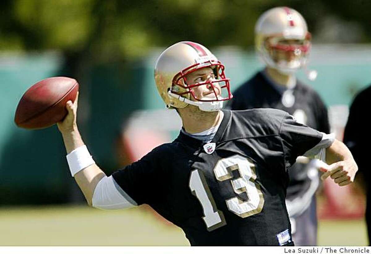 Shaun Hill #13 prepares to make a pass in Santa Clara on Monday, June 2 2008 on the first day of Organized Team Activity.Photo By Lea Suzuki/ The Chronicle