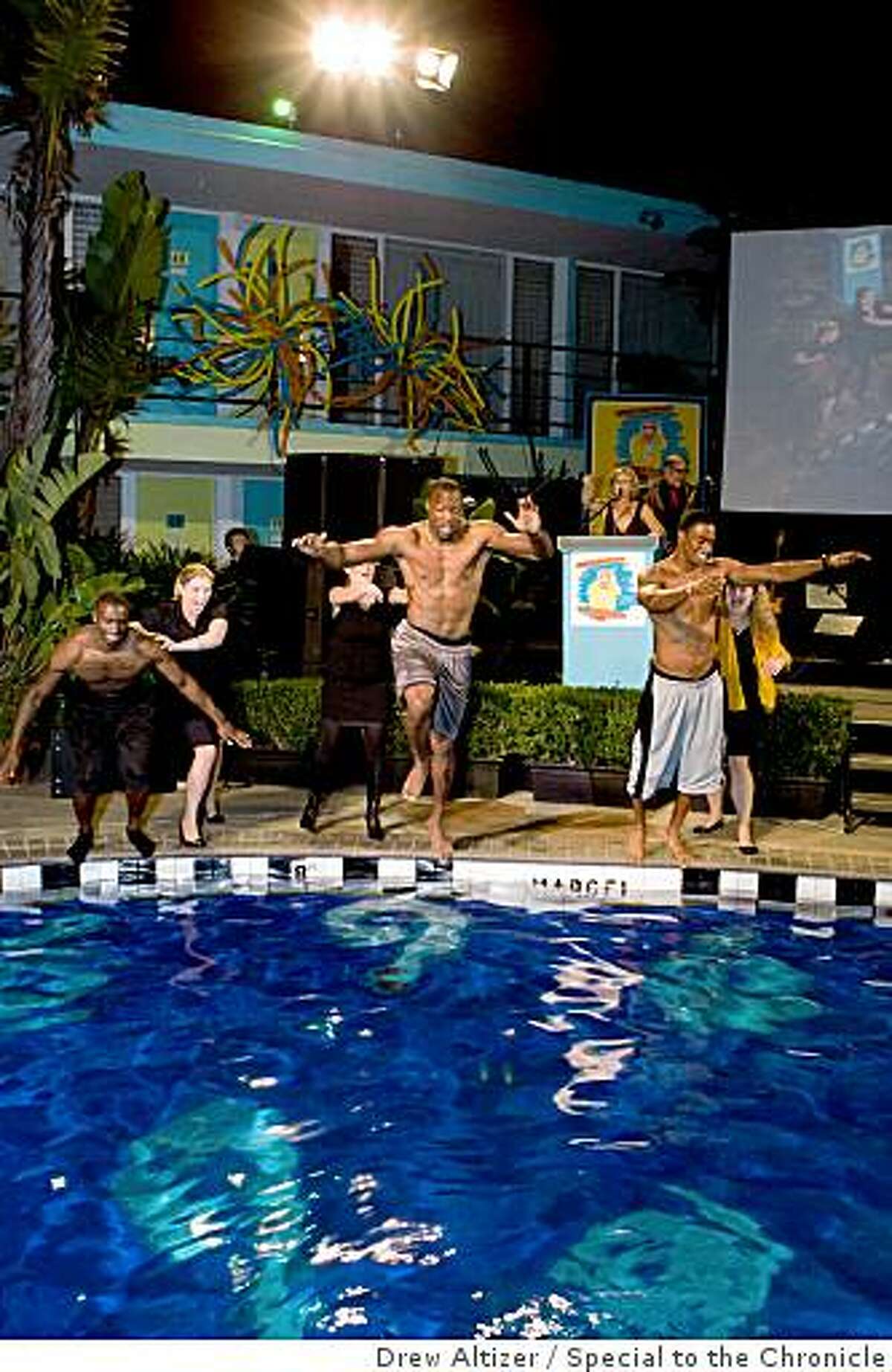 The 2008 TNDC Celebrity Pool Toss featured celebrities being tossed into the Phoenix Hotel pool to raise money for Tenderloin kids and families. Arman Shields, John Bowie, Manny Lawson (Pool Toss)