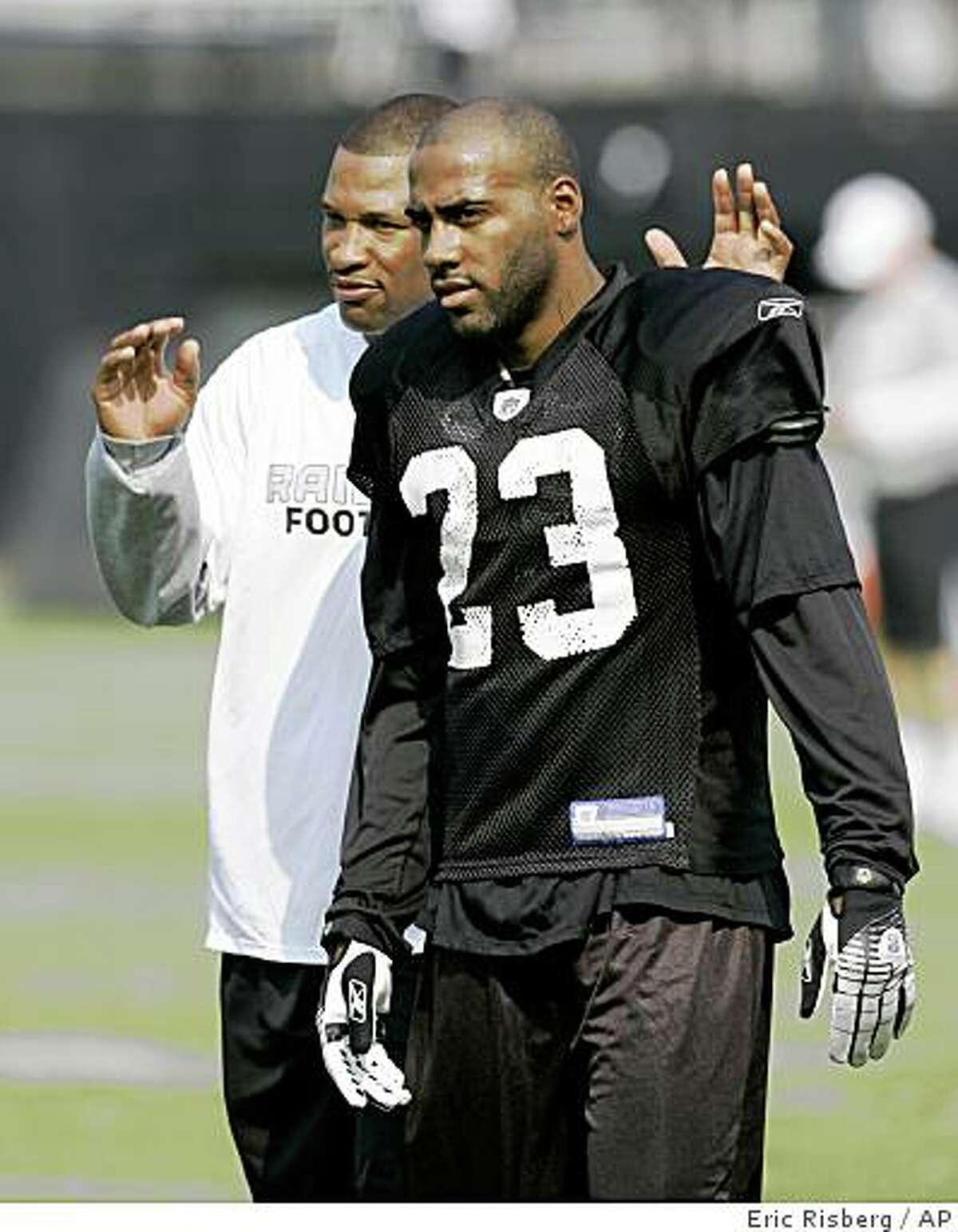 Oakland Raiders cornerback DeAngelo Hall, right, gets instruction from defensive backs coach Darren Perry during workouts at their football training camp in Napa, Calif., Friday, July 25, 2008. Associated Press photo by Eric Risberg