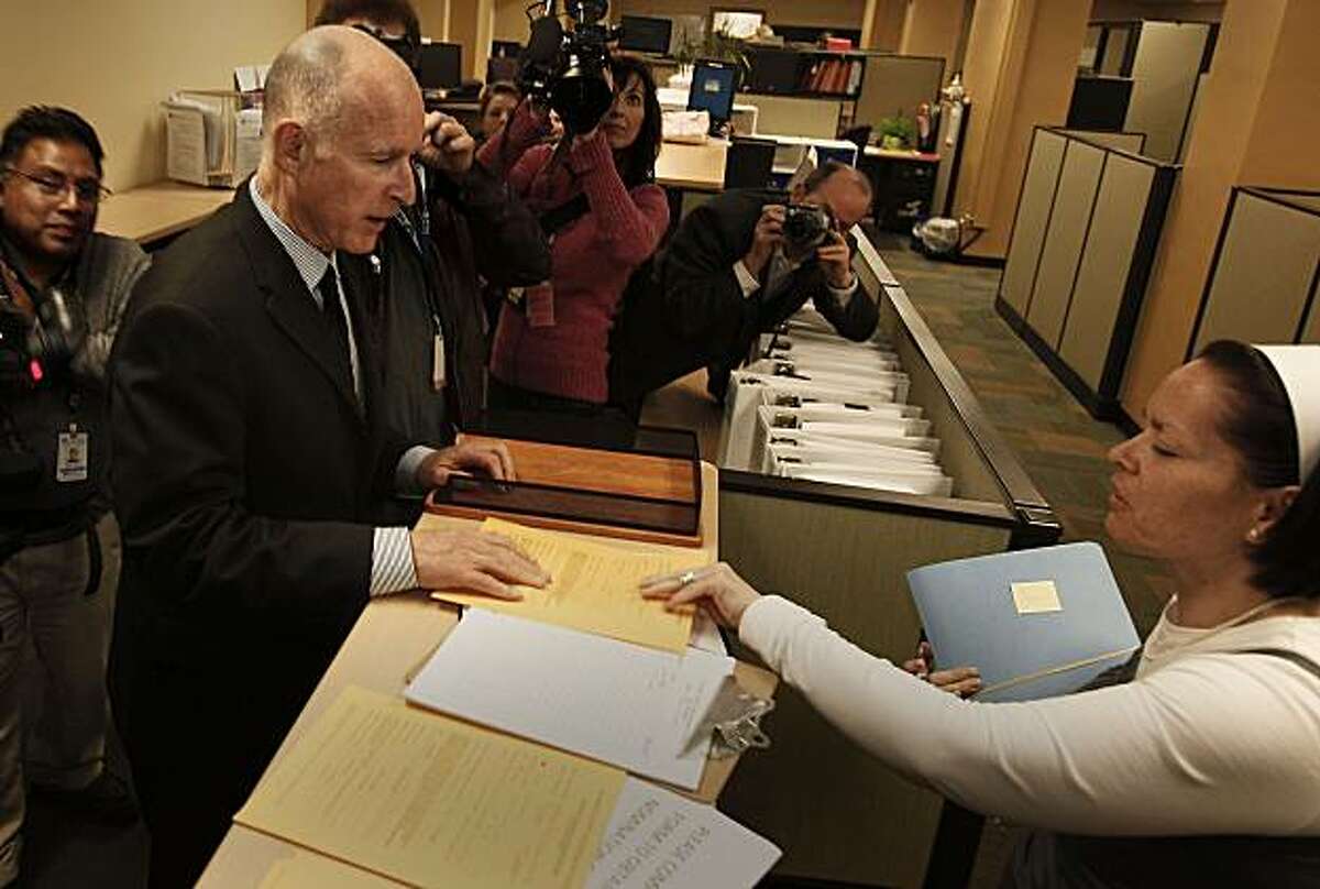 California Attorney General Jerry Brown files his papers at Alameda County Registrars office to make official his run for Governor of the State of California on Friday Mar. 5, 2010.California Attorney General Jerry Brown files his papers at Alameda County Registrars office to make official his run for Governor of the State of California on Friday Mar. 5, 2010.