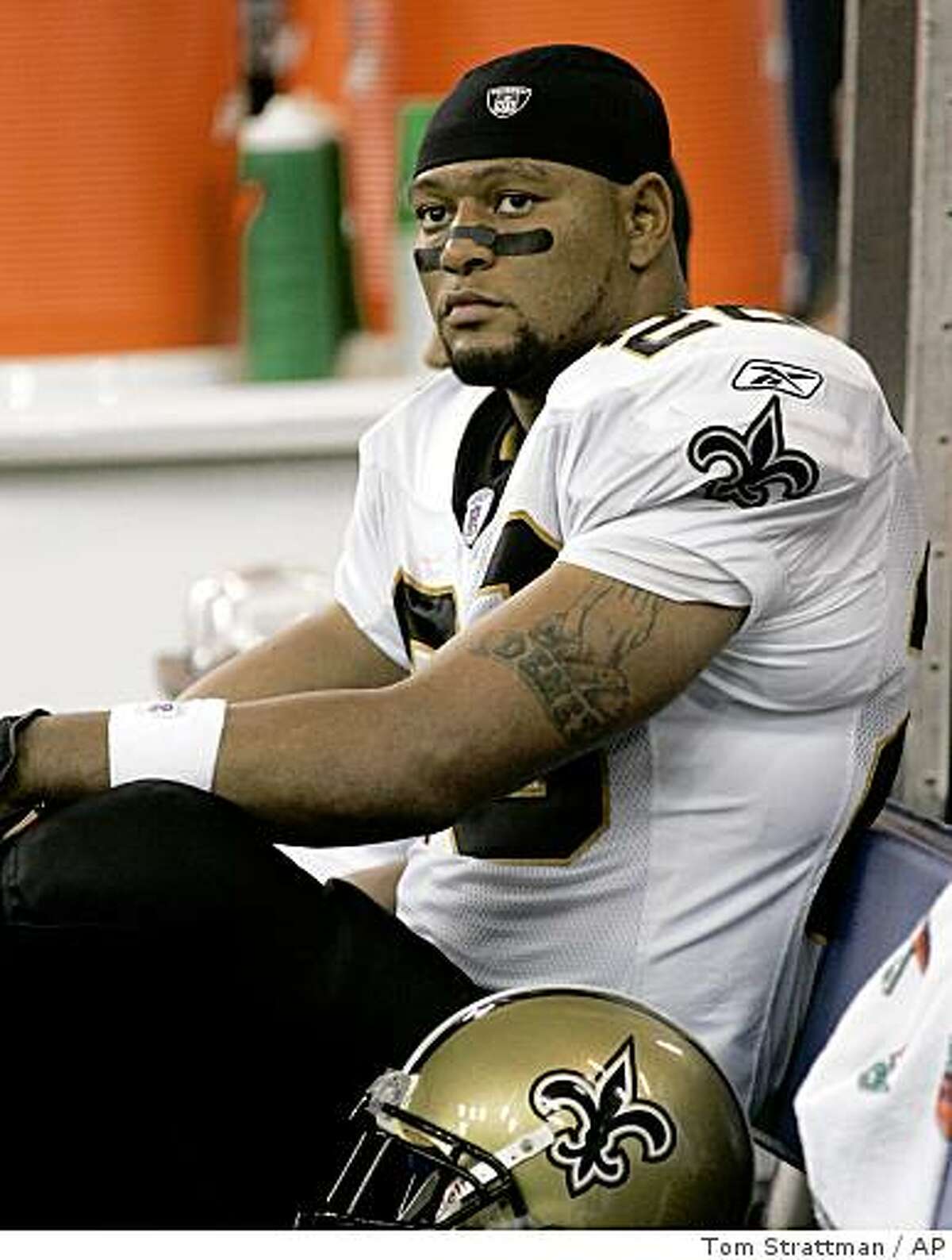 ** FILE ** In this Sept. 6, 2007, file photo, New Orleans Saints running back Deuce McAllister sits on the bench late in the fourth quarter of an NFL football game against the Indianapolis Colts in Indianapolis. Saints veterans Will Smith and McAllister reportedly are among several players who have violated the NFL steroids policy. (AP Photo/Tom Strattman,file)