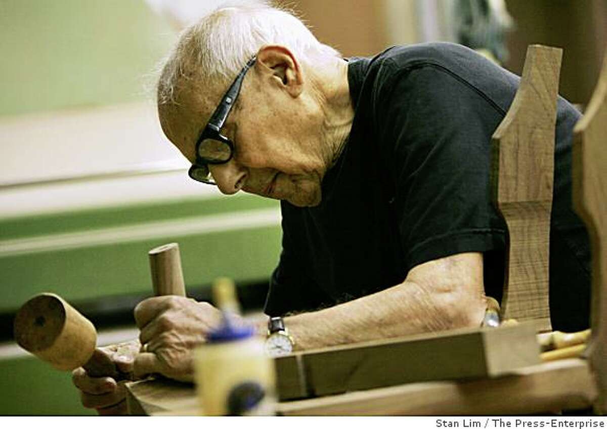 Master woodworker Sam Maloof, of Alta Loma, works on a chair at his shop on January 21, 2008. He is having his first local exhibit in seven years. Maloof's work is in major museums across the country including the Smithsonian.