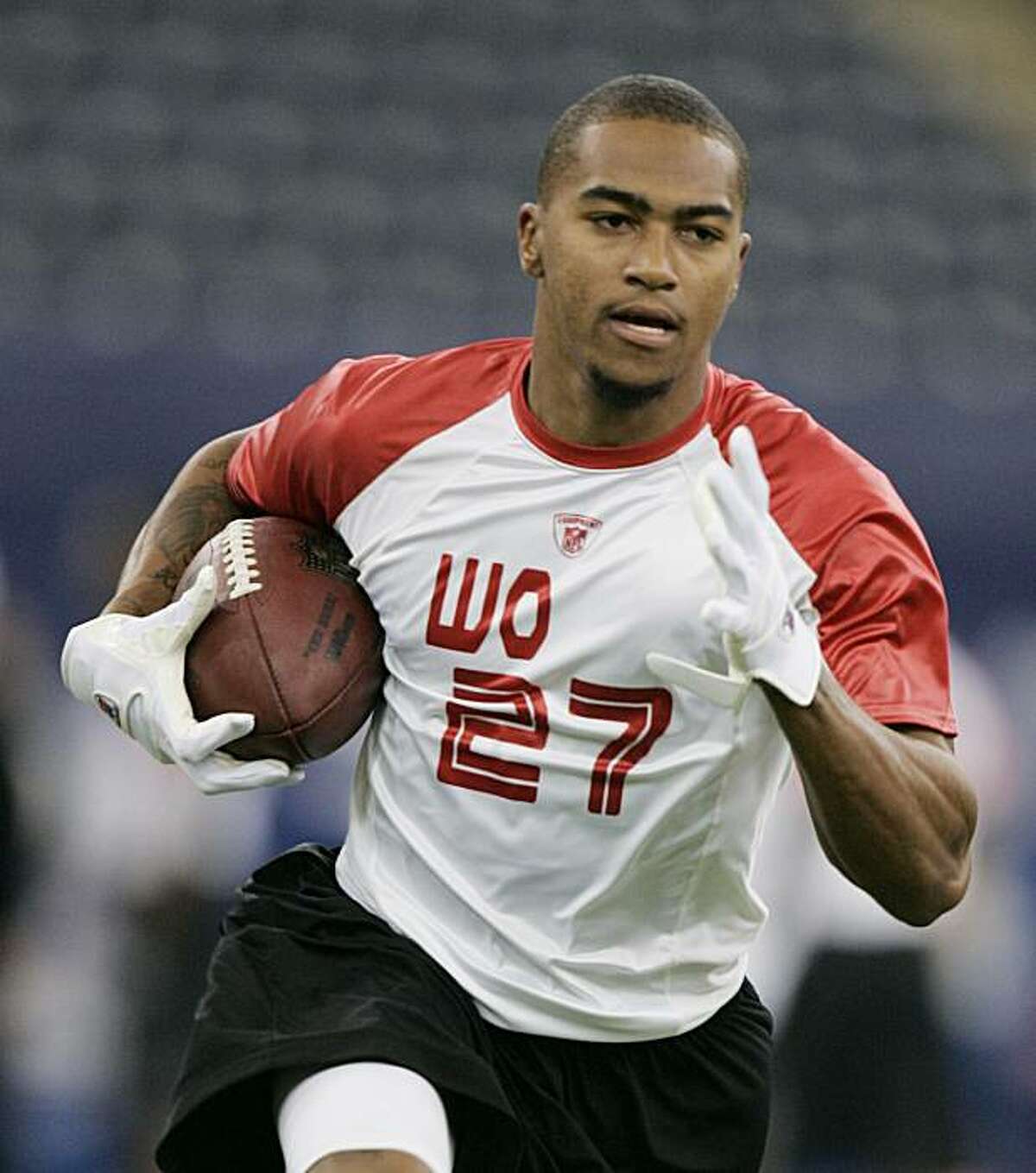Receiver Desean Jackson, of California, runs a drill at the NFL Combine in Indianapolis, Sunday, Feb. 24, 2008. (AP Photo/Michael Conroy)