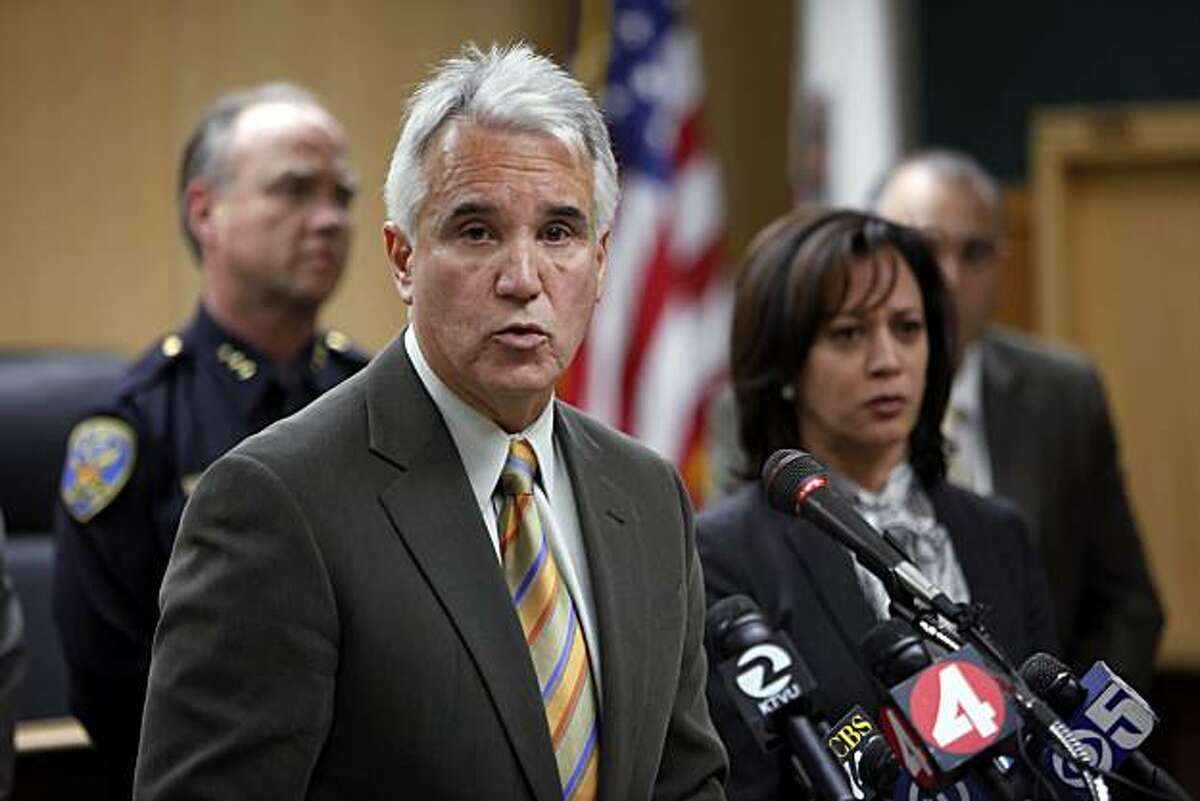 San Francisco Police Chief George Gascon addresses the press on Tuesday, March 9, 2010, about an SFPD lab technician that has been arrested on suspicion of stealing drugs seized as evidence in several criminal investigations. The chief, flanked by SF District Attorney Kamala Harris and other law enforcement brass, spoke about the thefts jeopardizing a number of cases in which the evidence no longer exists.