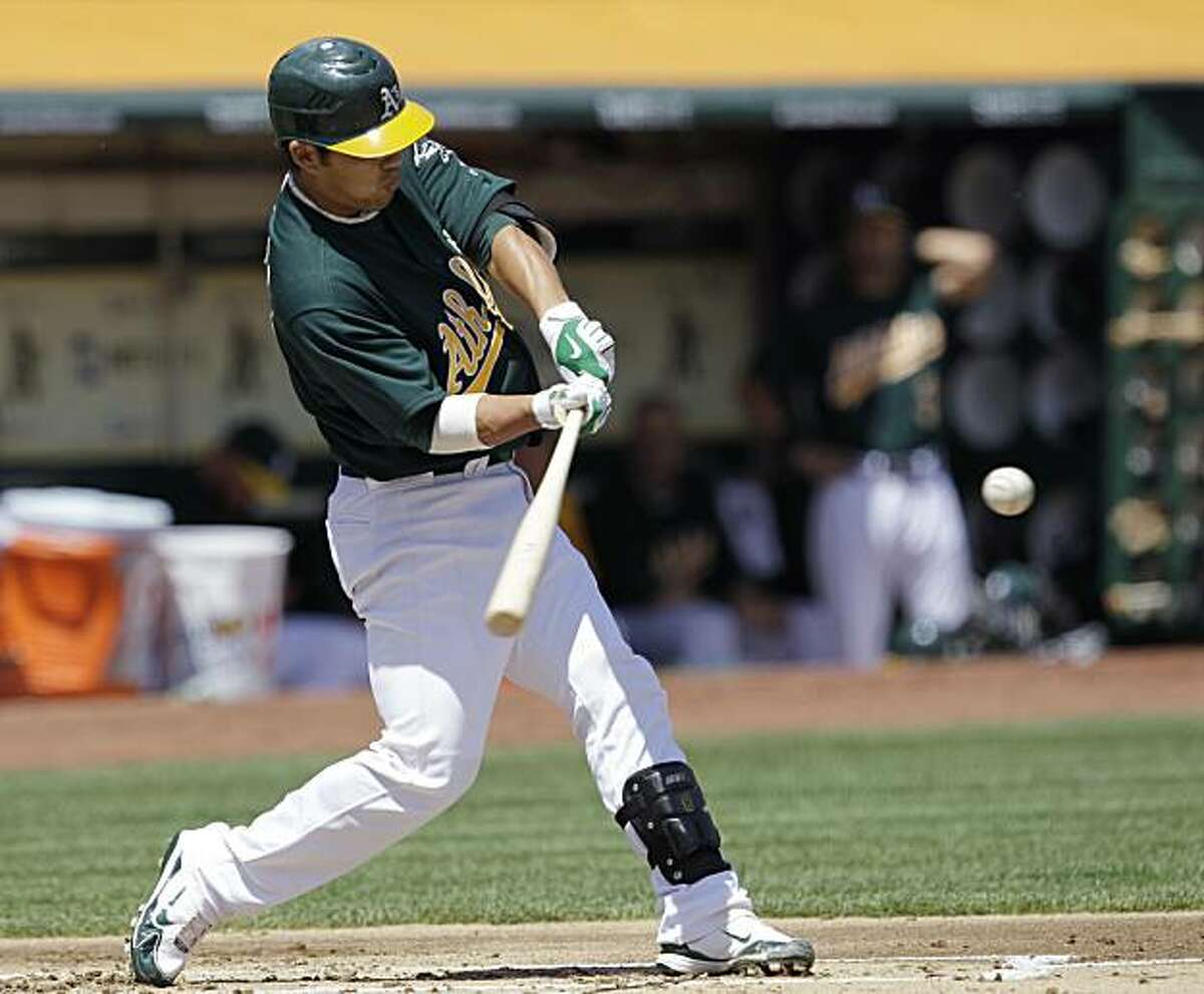 Oakland Athletics' Kurt Suzuki hits a two-run home run off New York Yankees starting pitcher CC Sabathia during the second inning of a baseball game in Oakland, Calif., Thursday, April 22, 2010.