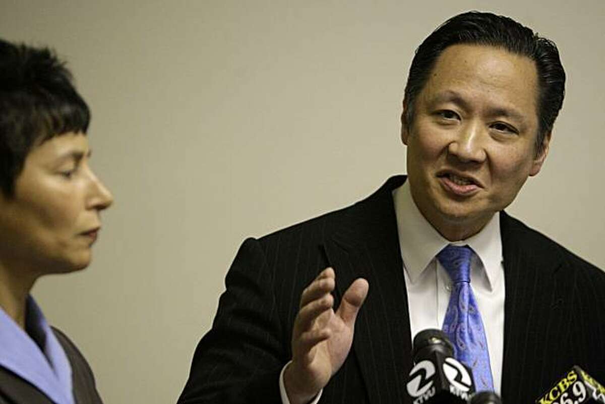 San Francisco Public Defender Jeff Adachi speaks during a press conference in San Francisco, Calif. on Wednesday, March 10, 2010 as Chief Attorney Teresa Caffese (left) stands on the side. Adachi discussed ramifications of longtime police crime lab technician Deborah Madden allegedly tampering with drug evidence, as well as the impact of troubling crime lab audit findings.