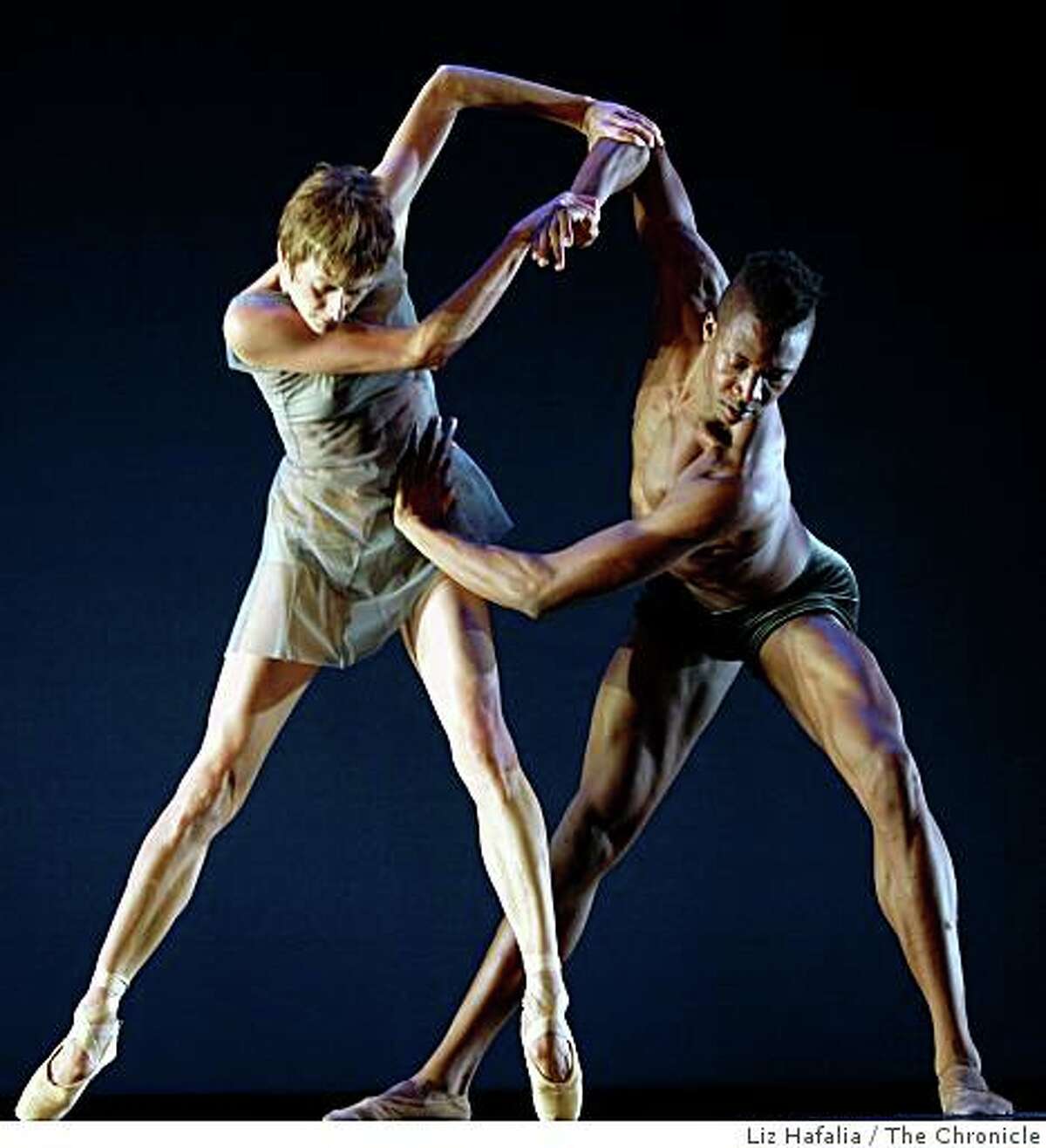 Muriel Maffre and Corey Scott-Gilbert performing in "The Steady Articulation of Perserverence" in the Lines Ballet in a dress rehearsal of the world premiere in San Francisco, Calif., in Yerba Buena Center on Thursday, October 16, 2008.