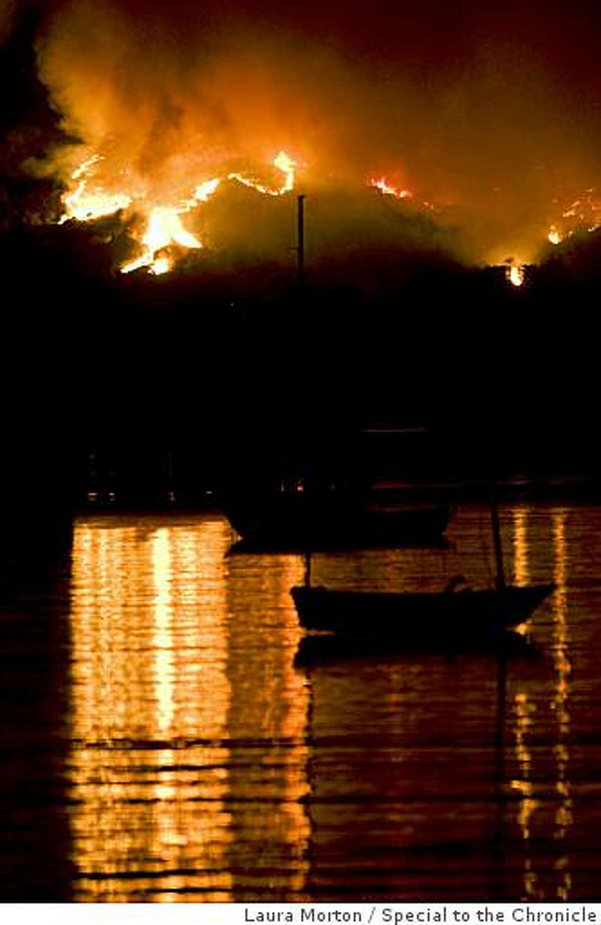 A large fire burns on the top of Angel Island on Sunday, October 12, 2008.