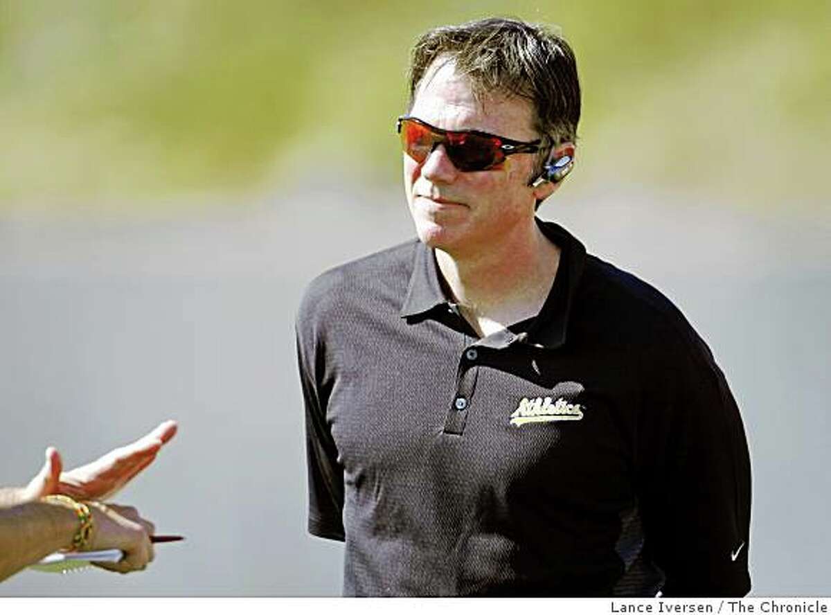 Oakland Athletics' Billy Beane, Vice President, General Manager takes questions from the media during the teams first full team workout at Papago Park in Phoenix, Ariz. on Thursday, Feb. 21, 2008. Photo By Lance Iversen / San Francisco Chronicle
