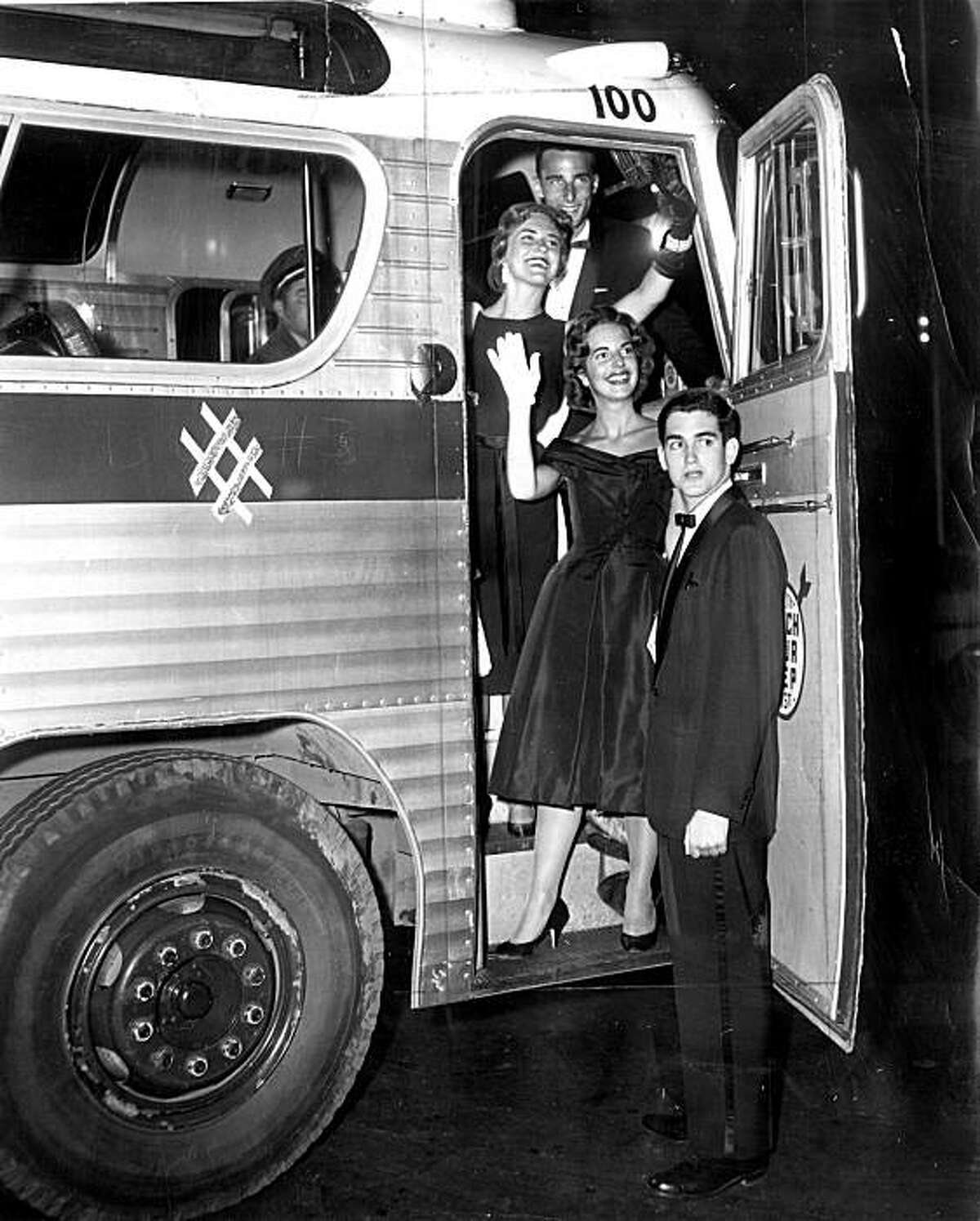 From top: Dennis Bond, Linda Schmidt, Cathy Cartan and Mike Novelli, boarding a bus at the Black and White Ball, 1959.