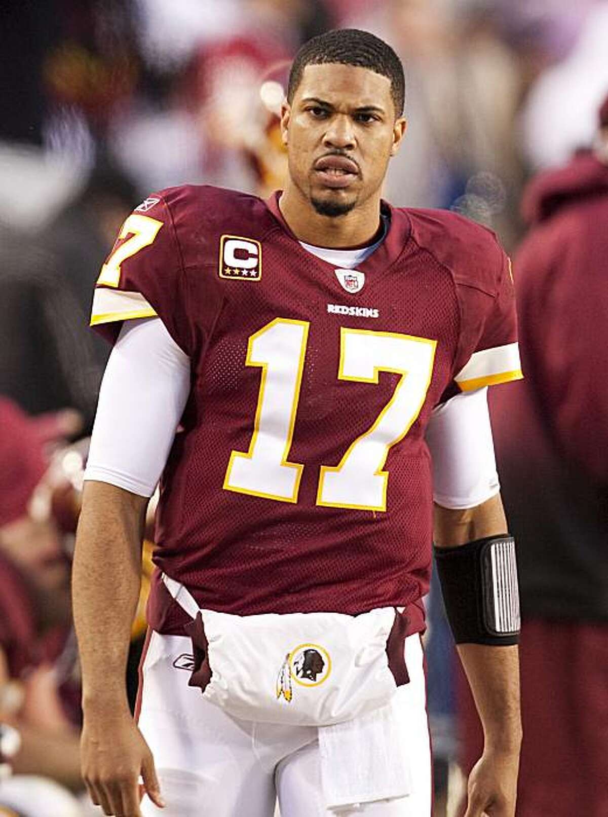 In this file photo from December 2009, Washington Redskins quarterback Jason Campbell (17) walks to the sidelines after being injured at FedEx Field in Landover, Maryland. The Redskins traded Campbell to the Oakland Raiders. (George Bridges/MCT)