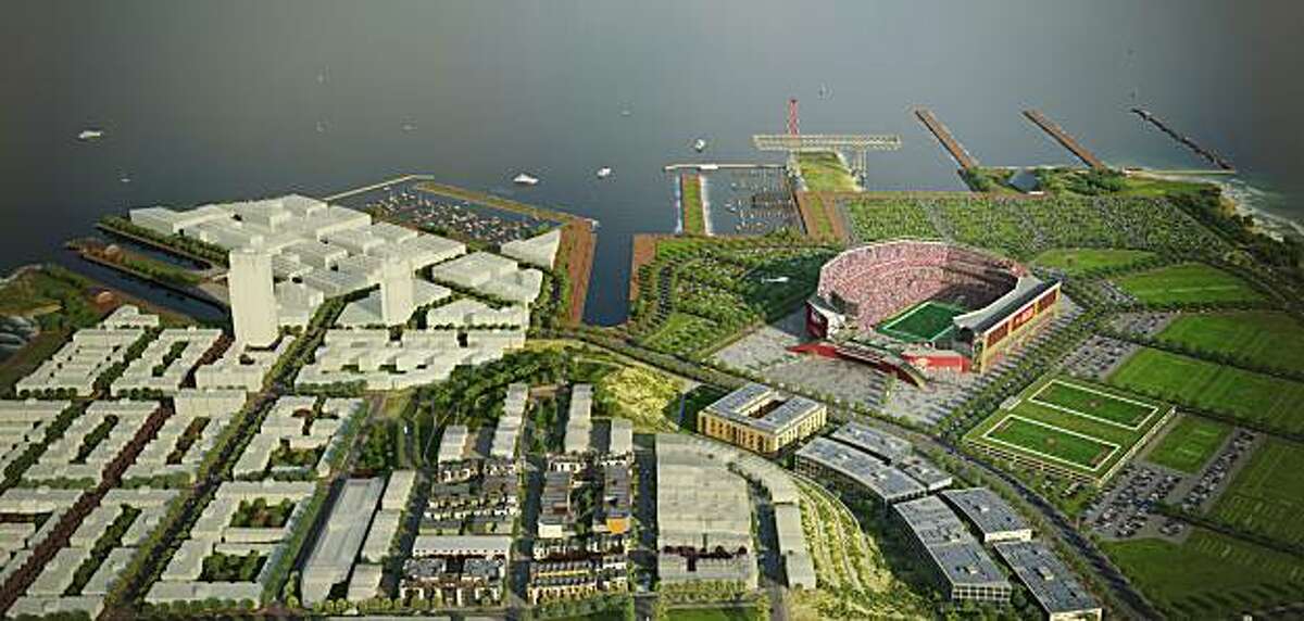 An artist's rendering of a proposed San Francisco 49ers stadium at a redeveloped Hunters Point.