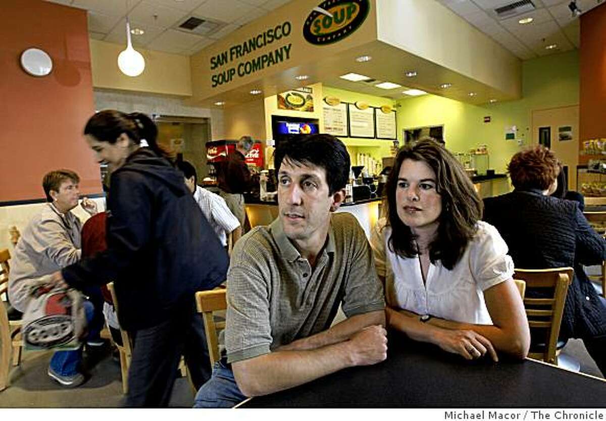 Steve and Jennifer Sarver began their business, San Francisco Soup Company, nine years ago, weathered the dot-com crash and grew the company -- now 14 locations. They are convinced they can weather the financial crisis upon us now by being creative and offering a changing array of soups and other foods. The Sarvers at their Howard St. location in San Francisco, Calif. on Wednesday Oct. 1, 2008.