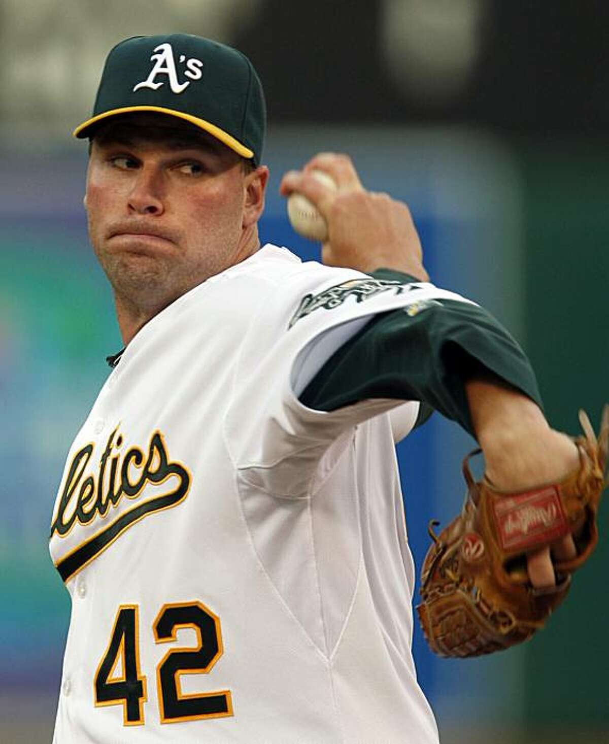Oakland Athletics' Ben Sheets works against the Baltimore Orioles during the first inning of a baseball game Thursday, April 15, 2010, in Oakland, Calif.