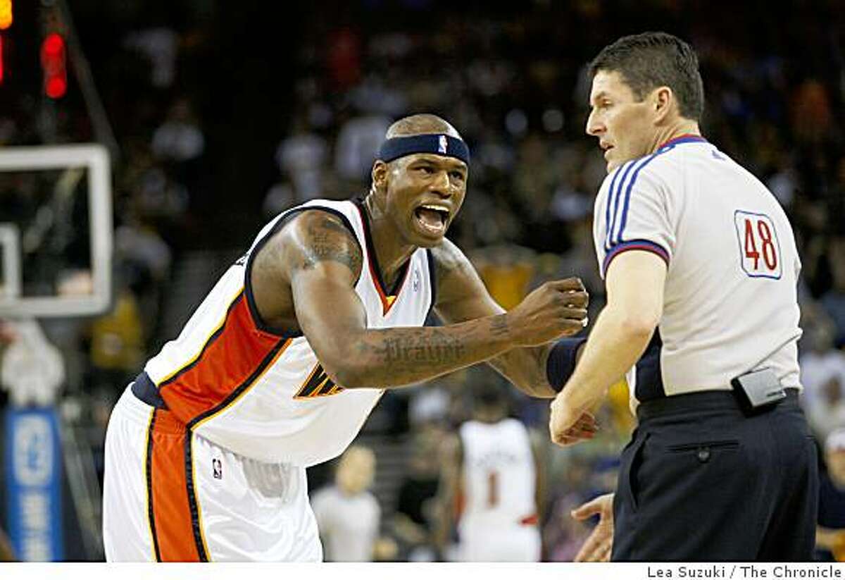 Al Harrington talks to the referee during the second half of the Golden State Warriors vs. Portland Trail Blazers game on Sunday at the Oracle Arena in Oakland on March 2, 2008. Photo by Lea Suzuki / San Francisco Chronicle