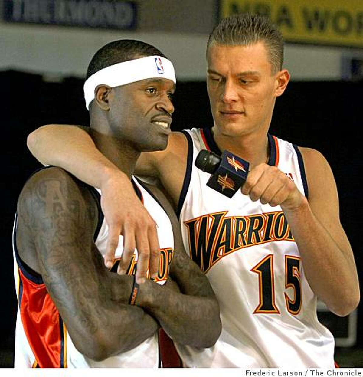 Warriors Stephen Jackson (left) and Andris Biedrins (15) interview each other during Media day at the Warriors headquarters in Oakland, Calif., on September 26, 2008.