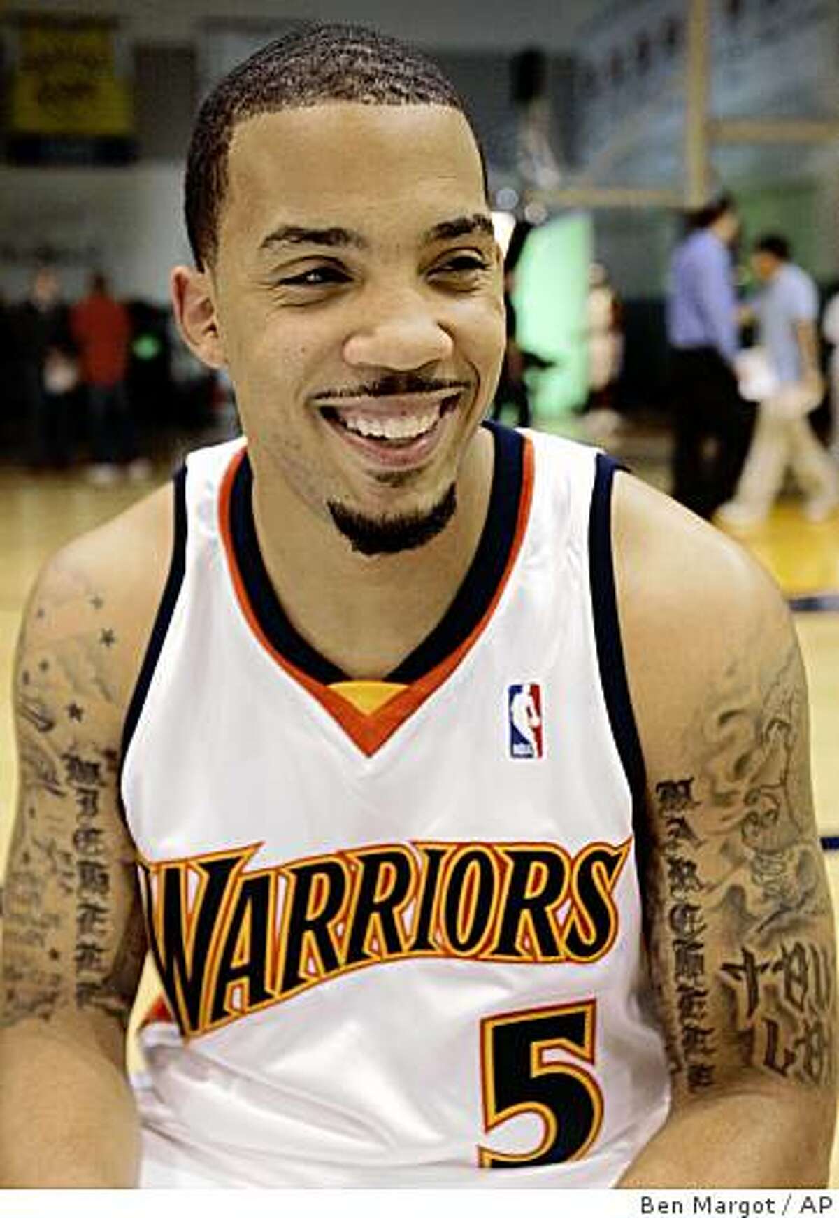 Golden State Warriors' Marcus Williams smiles during an interview at basketball media day Friday, Sept, 26, 2008, in Oakland, Calif.