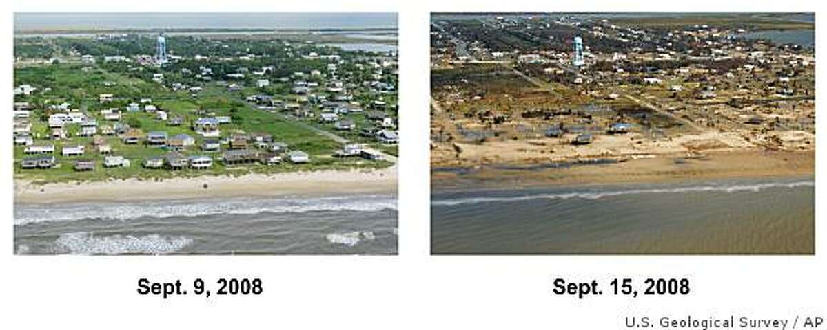 ** SEE PICTURE TXRH102 ** These pictures provided by the U.S. Geological Survey shows Crystal Beach, Texas on the Bolivar Peninsula, on Tuesday, Sept. 9, 2008 two days before the landfall of Hurricane Ike, and Monday, Sept. 15, 2008, afterwards. The Gulf of Mexico is in the foreground. (AP Photo/U.S. Geological Survey)