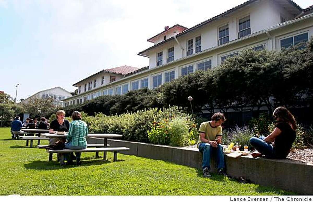 Employees and guest of many of the non-profits that call the old Letterman Hospital their new business address enjoy the grounds to the rear of the main building. The Thoreau Center for Sustainability at the Presidio, run by the Tides Foundation, has provided a stable "home" and millions of dollars in rent savings for 70 nonprofits. Photographed in San Francisco Sept 11, 2008