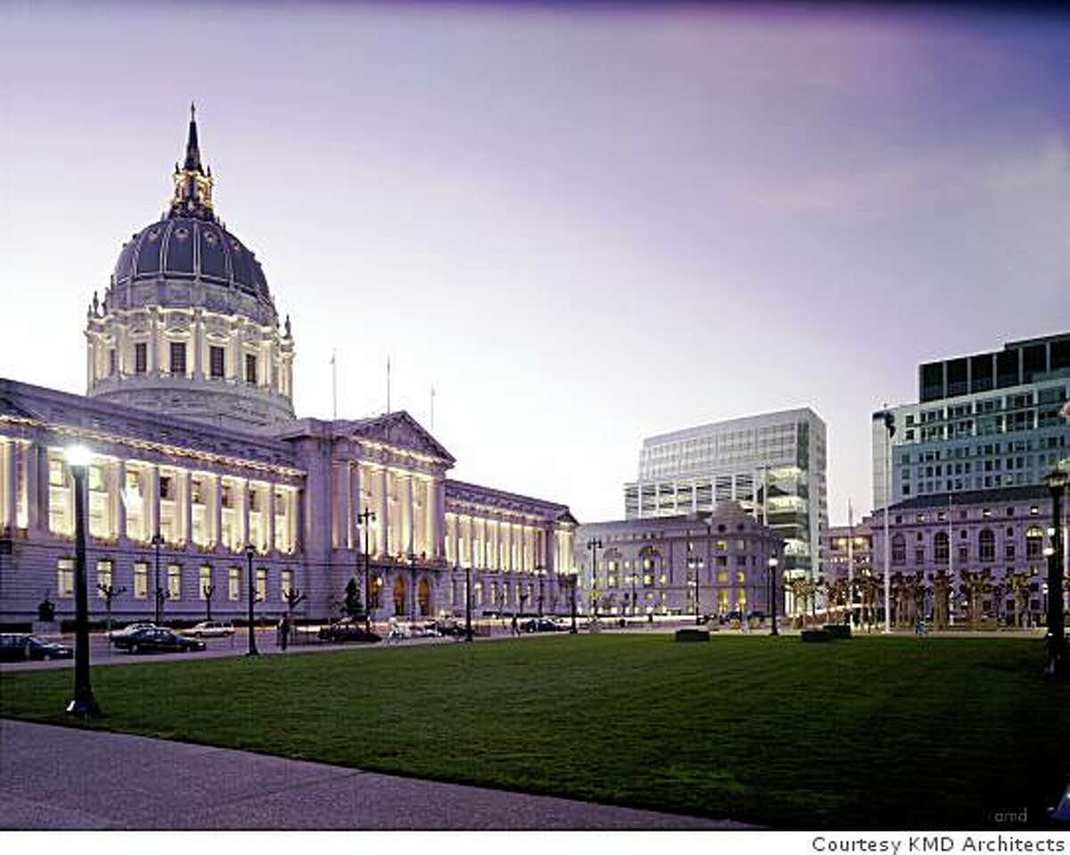 Rendering of the new headquarters of the San Francisco Public Utilities Commission Building with City Hall in the foreground.