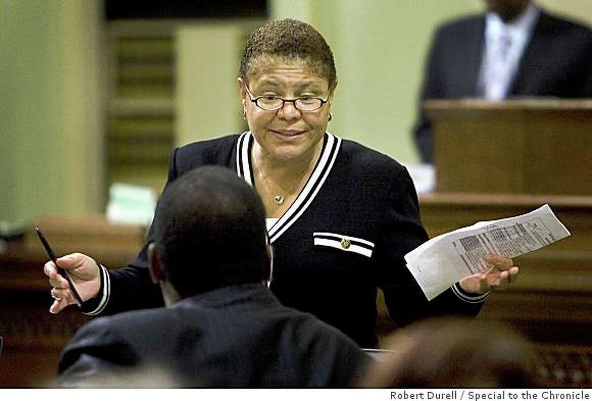 Speaker of the Assembly Karen Bass (D-Los Angeles) on the floor of the state Assembly in Sacramento, California, on Monday, September 15, 2008, before the state Assembly was expected to vote on the state budget. The state budget is more than two months overdue.