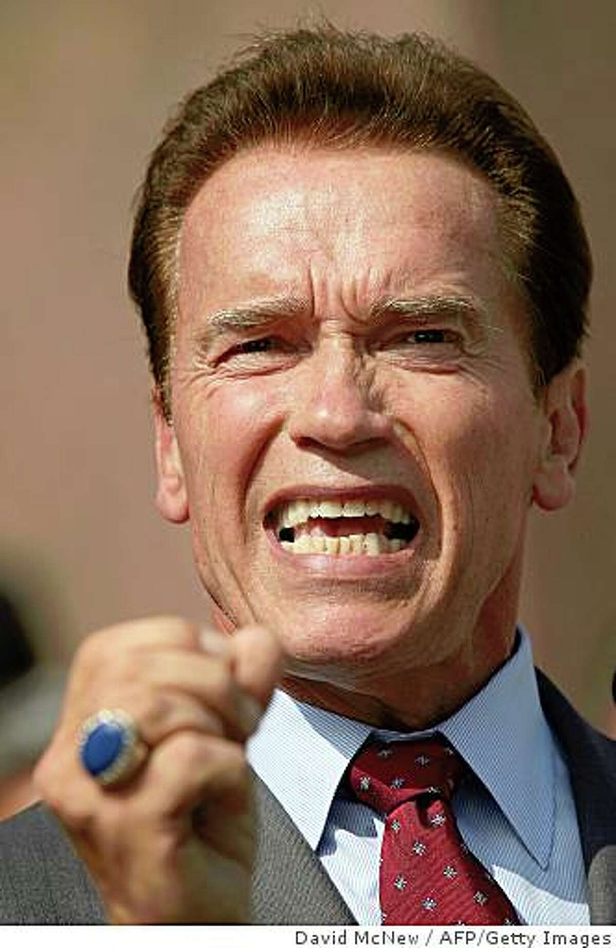 California Gov. Arnold Schwarzenegger attends a press conference with the California Contract Cities Association and the Independent Cities Association in support of his California budget proposal on August 27, 2008 in Los Angeles, California. Schwarzenegger is scheduled to speak at the Republican National Convention but said he may cancel as law makers continue to struggle with a budget deadlock that the governor said could be the longest in state history. California Assembly Speaker Karen Bass had previously planned to not hold sessions for three days, allowing fellow Democrats to participate in the Democratic National Convention, but has decided to continue holding sessions all week. Hundreds of bills await votes as the state budget impasse drags on. David McNew/Getty Images/AFP = FOR NEWSPAPERS, INTERNET, TELCOS AND TELEVISION USE ONLY = (Photo credit should read DAVID MCNEW/AFP/Getty Images)