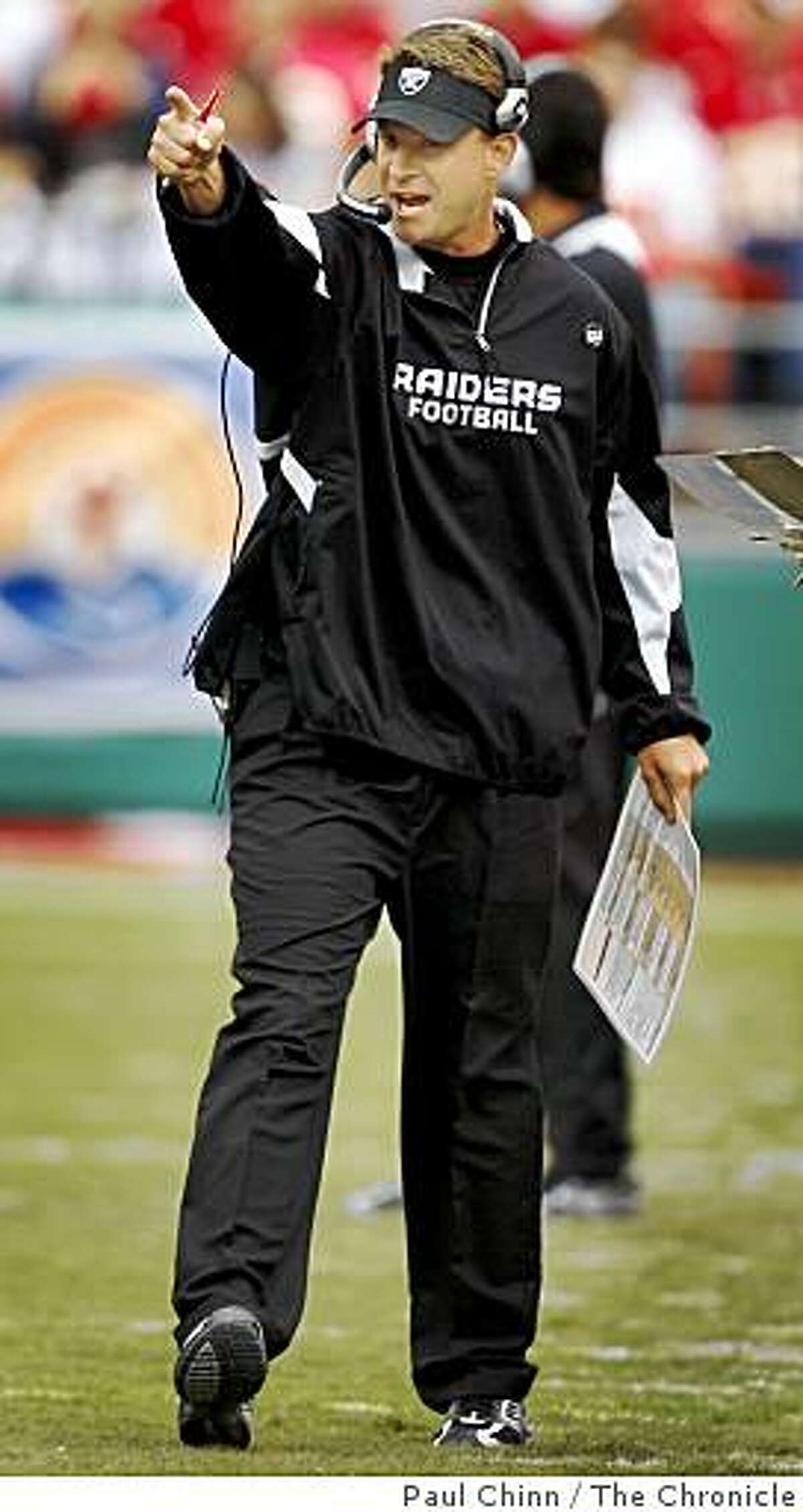Head coach Lane Kiffin approved of a Chiefs holding penalty resulting in a Raiders first down in the second quarter of the Oakland Raiders vs. Kansas City Chiefs football game at Arrowhead Stadium in Kansas City, Mo., on Sunday, Sept. 14, 2008.