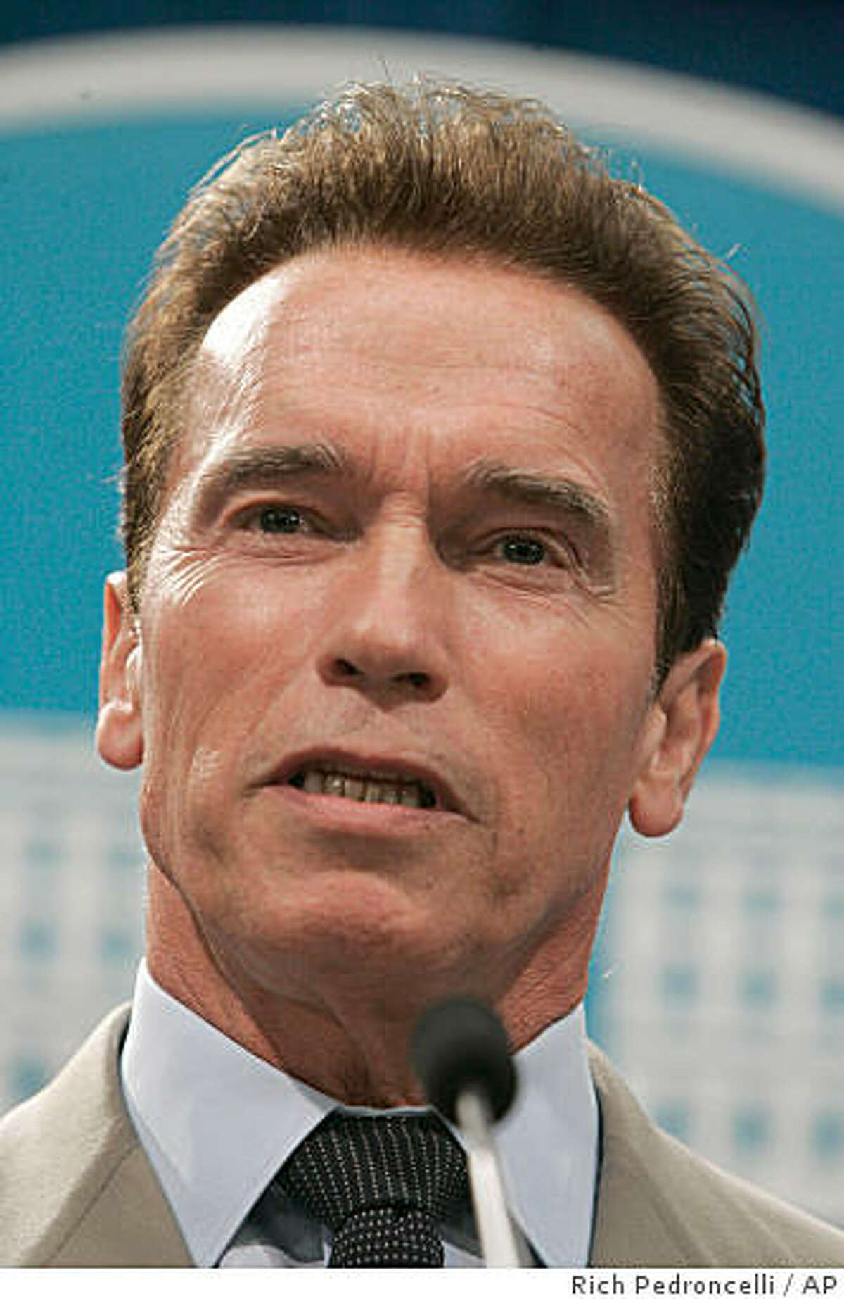 Gov. Arnold Schwarzenegger responds to a question concerning his proposed compromise state budget he unveiled during a Capitol news conference in Sacramento, Calif., Wednesday, Aug. 20, 2008. Schwarzenegger's plan calls for a temporary 1 percent sales tax increase and additional spending cuts to close the $15.2 billion deficit.(AP Photo/Rich Pedroncelli)