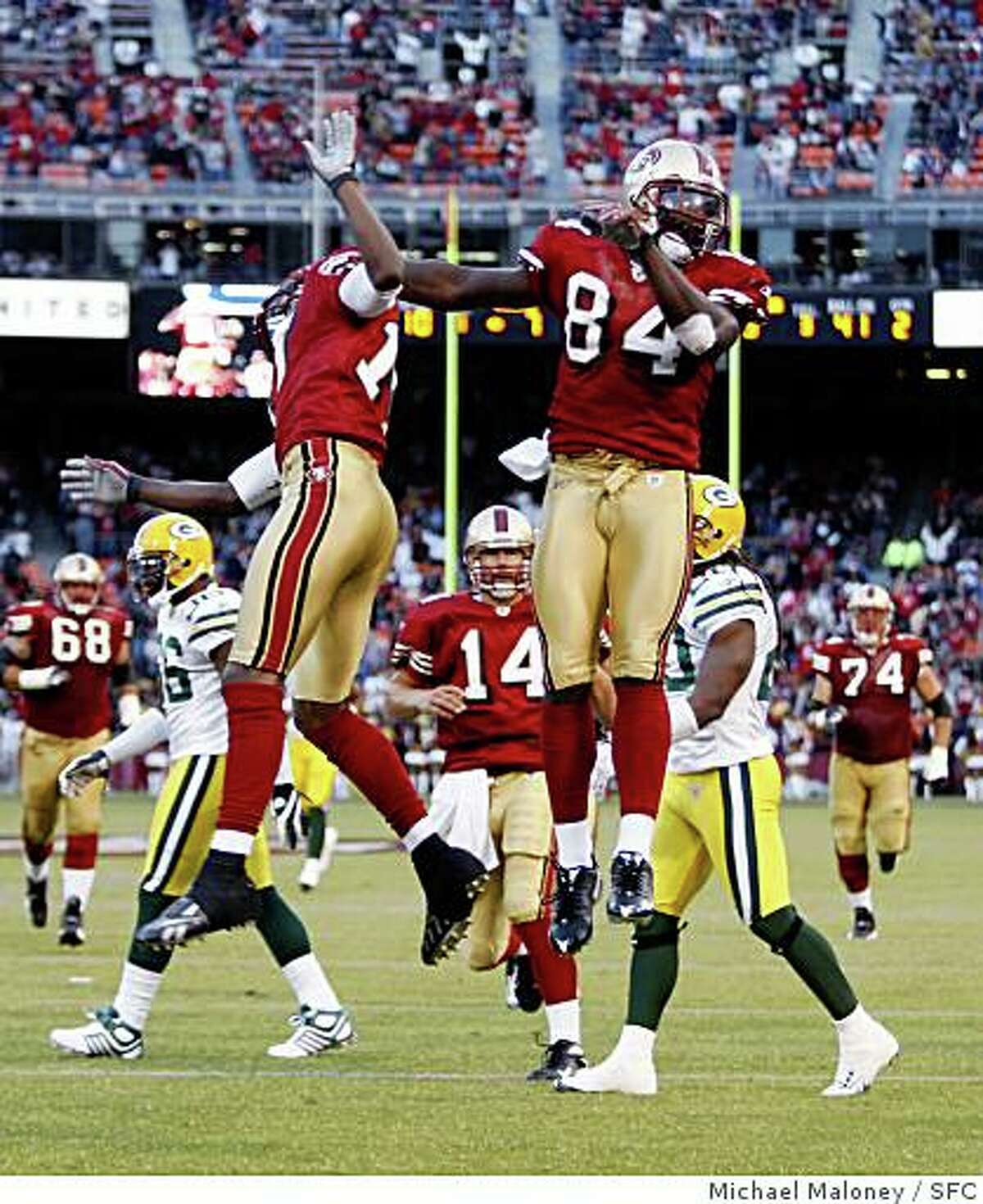 San Francisco 49ers Dominique Zeigler, left and Josh Morgan celebrate Morgan's 2nd quarter TD.The San Francisco 49ers host the Green Bay Packers in an NFL preseason game at Candlestick Park in San Francisco, Calif., on August 16, 2008.