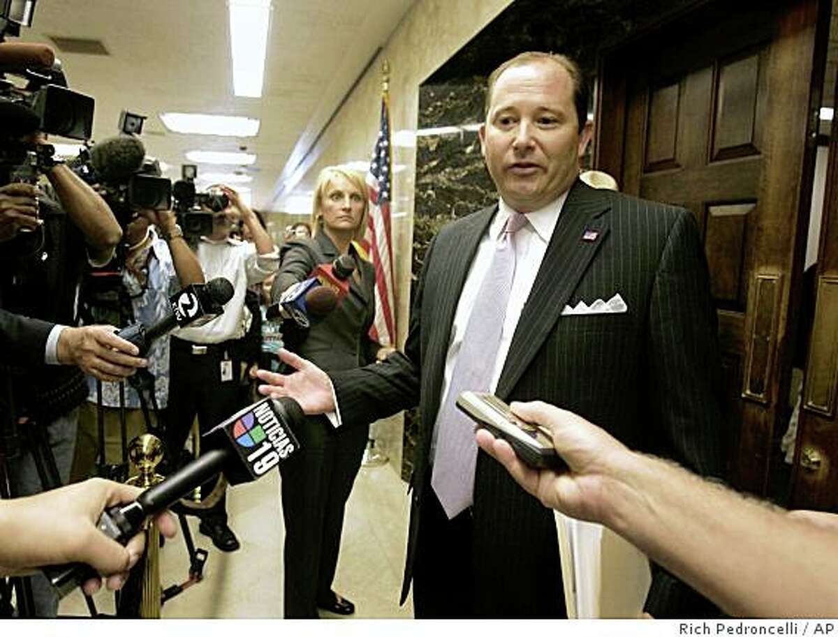 Assembly Minority Leader Mike Villines, R-Clovis, right, talks to reporters after meeting with Gov. Arnold Schwarzenegger and fellow Legislative leaders, at the Capitol in Sacramento, Calif., Tuesday, Aug. 19, 2008. The meeting was held in an effort to reach a solution to the nearly eight-week old budget stalemate.(AP Photo/Rich Pedroncelli)